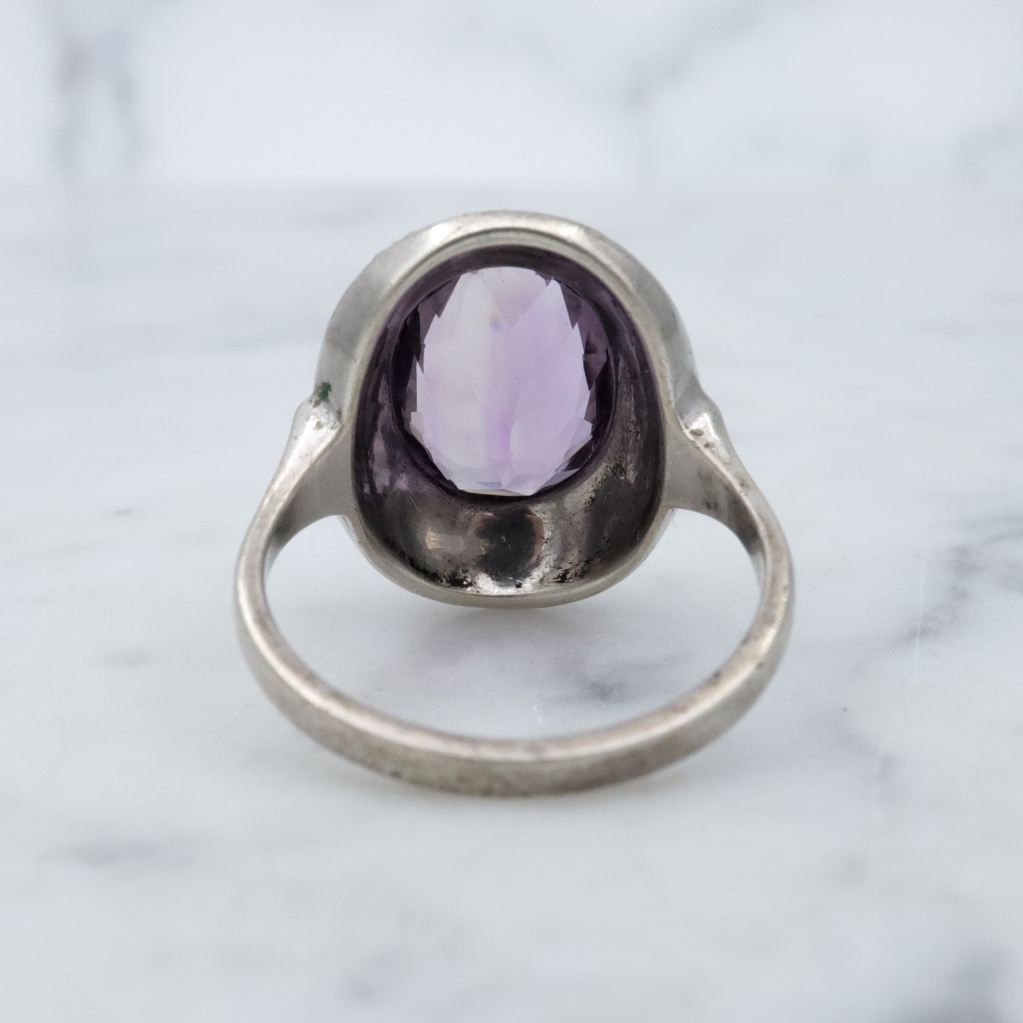 Art Deco German silver amethyst & marcasite halo ring, size 5.5