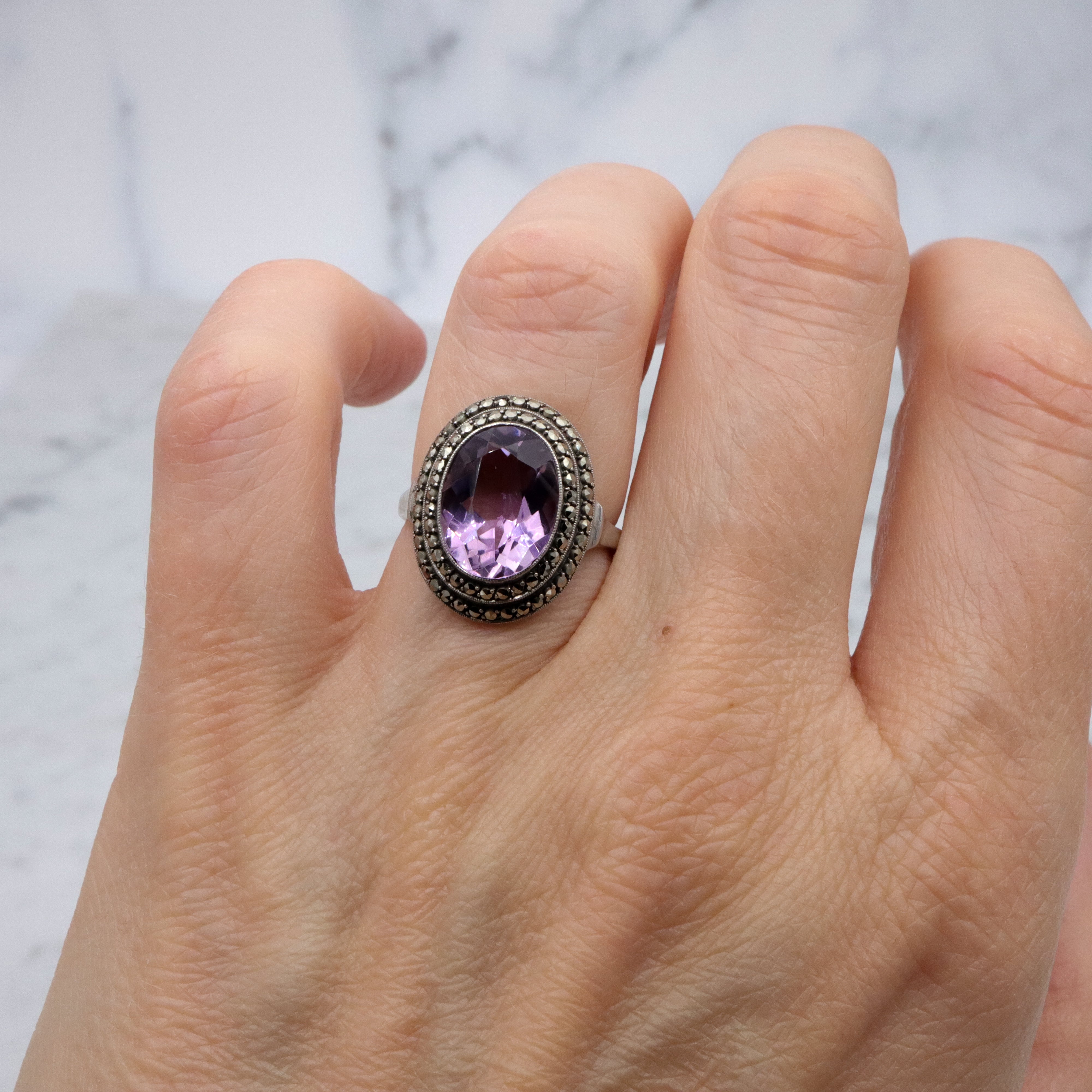 Art Deco German silver amethyst & marcasite halo ring, size 5.5