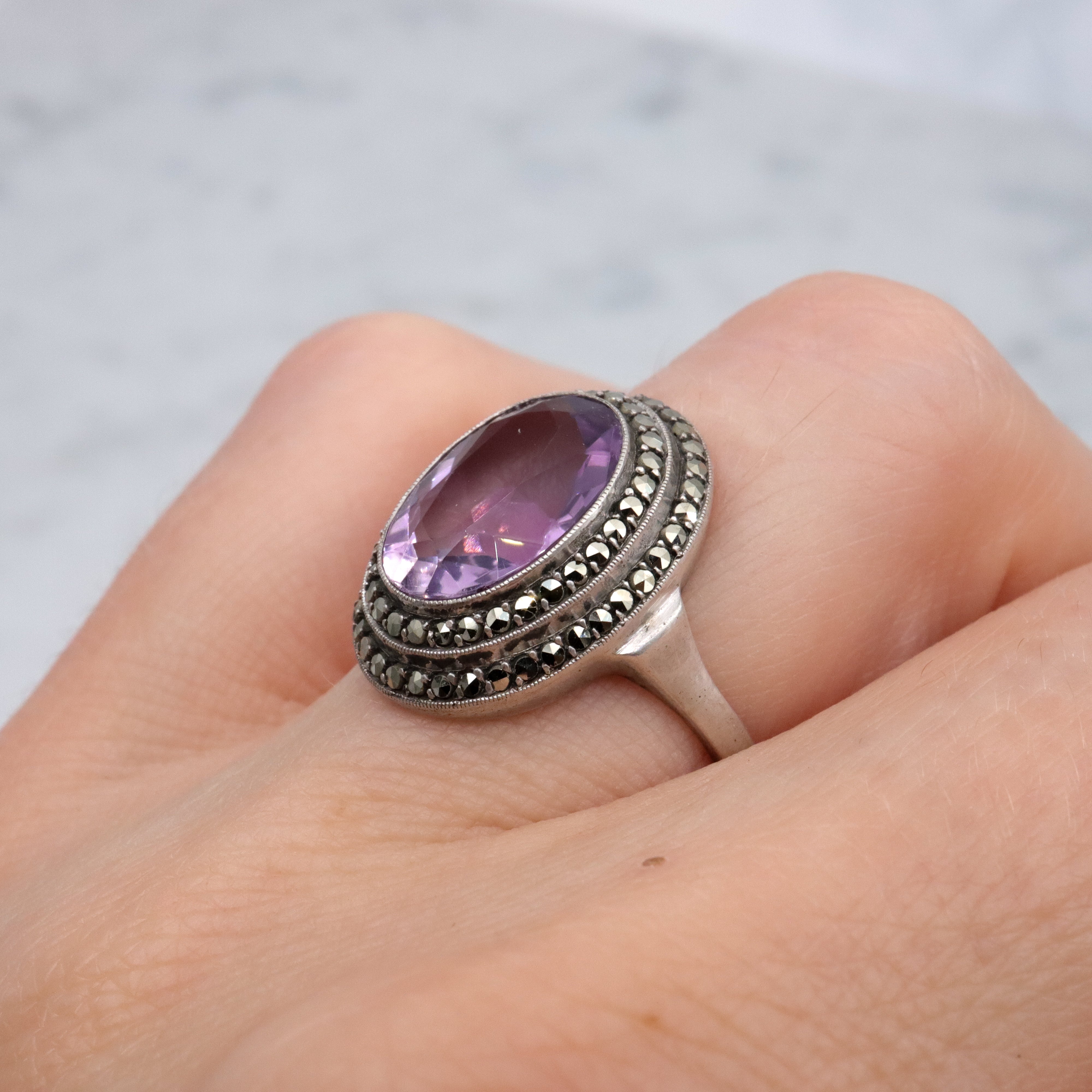 Art Deco German silver amethyst & marcasite halo ring, size 5.5