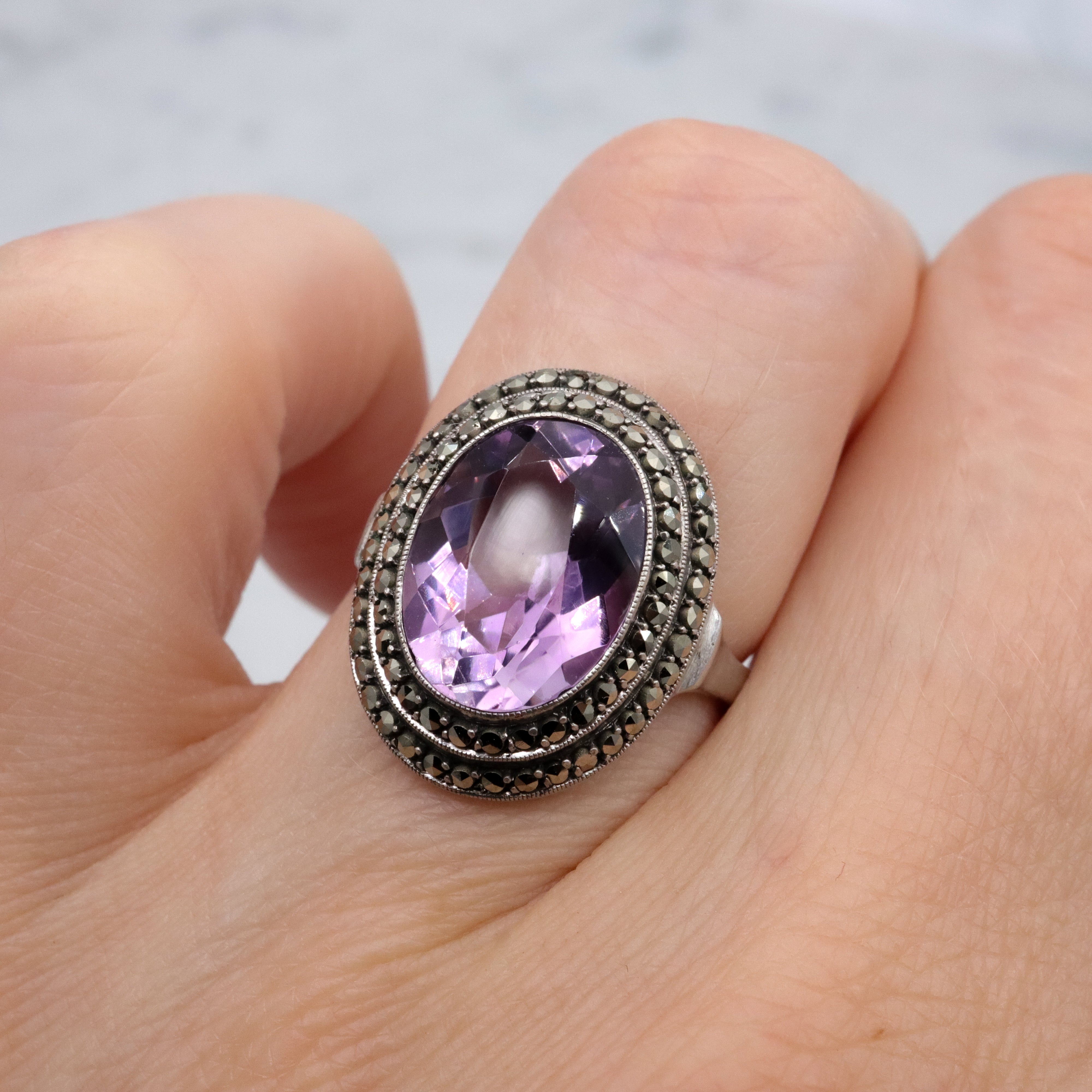 Art Deco German silver amethyst & marcasite halo ring, size 5.5