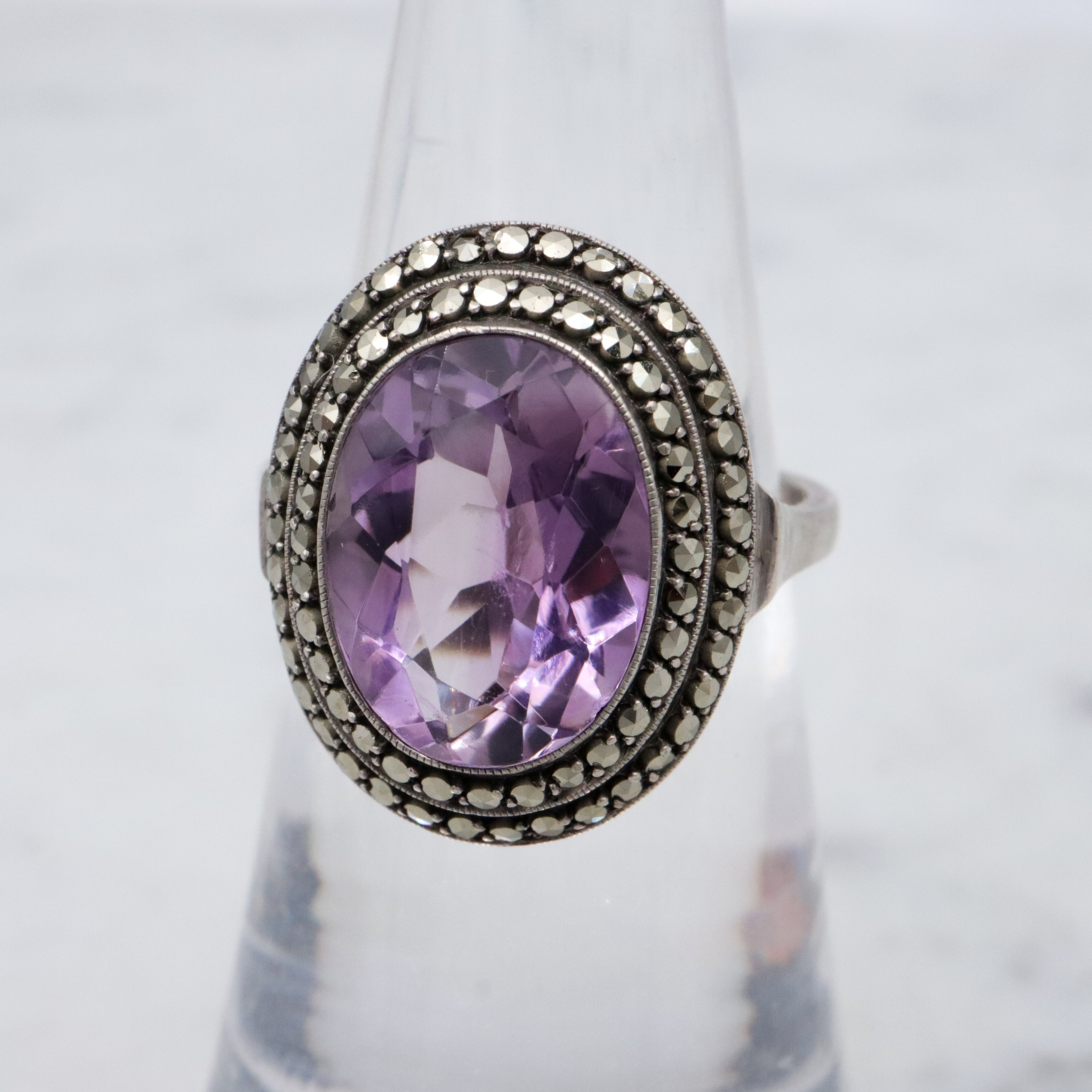 Art Deco German silver amethyst & marcasite halo ring, size 5.5
