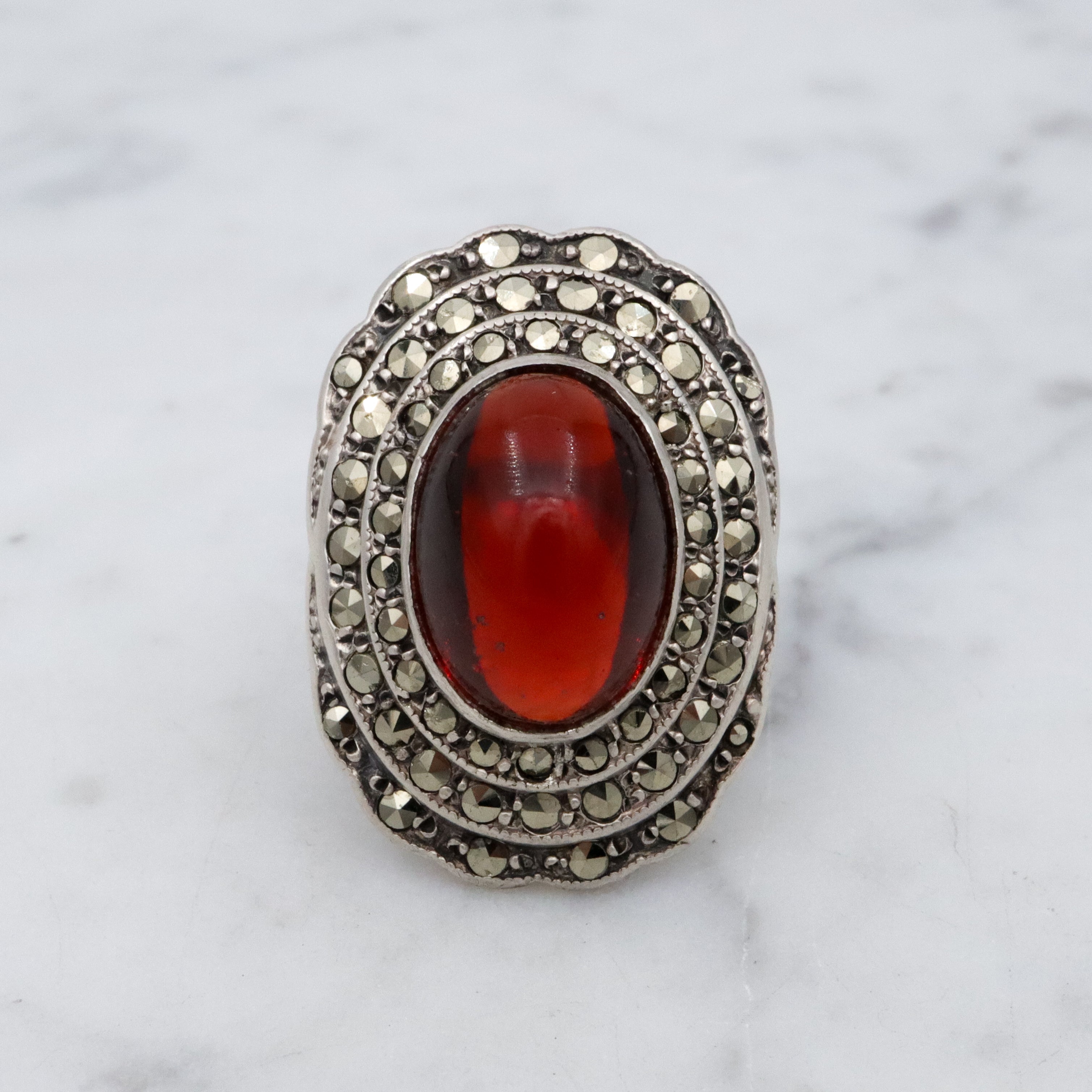 Art Deco ruby glass & marcasite sterling ring by Heintz Bros, size 6