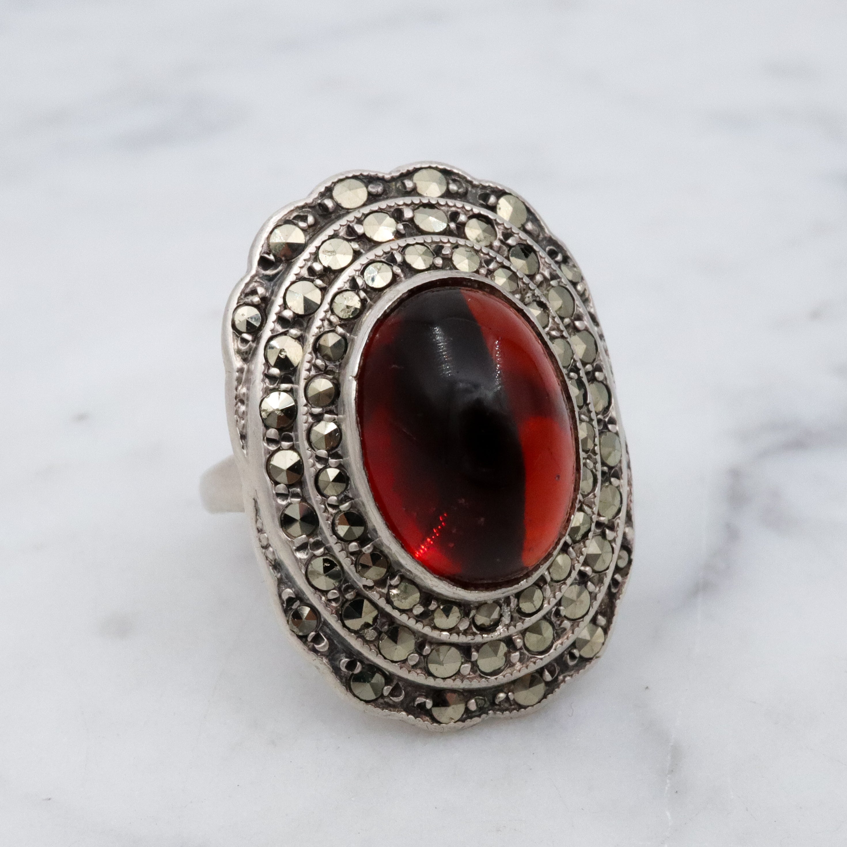 Art Deco ruby glass & marcasite sterling ring by Heintz Bros, size 6