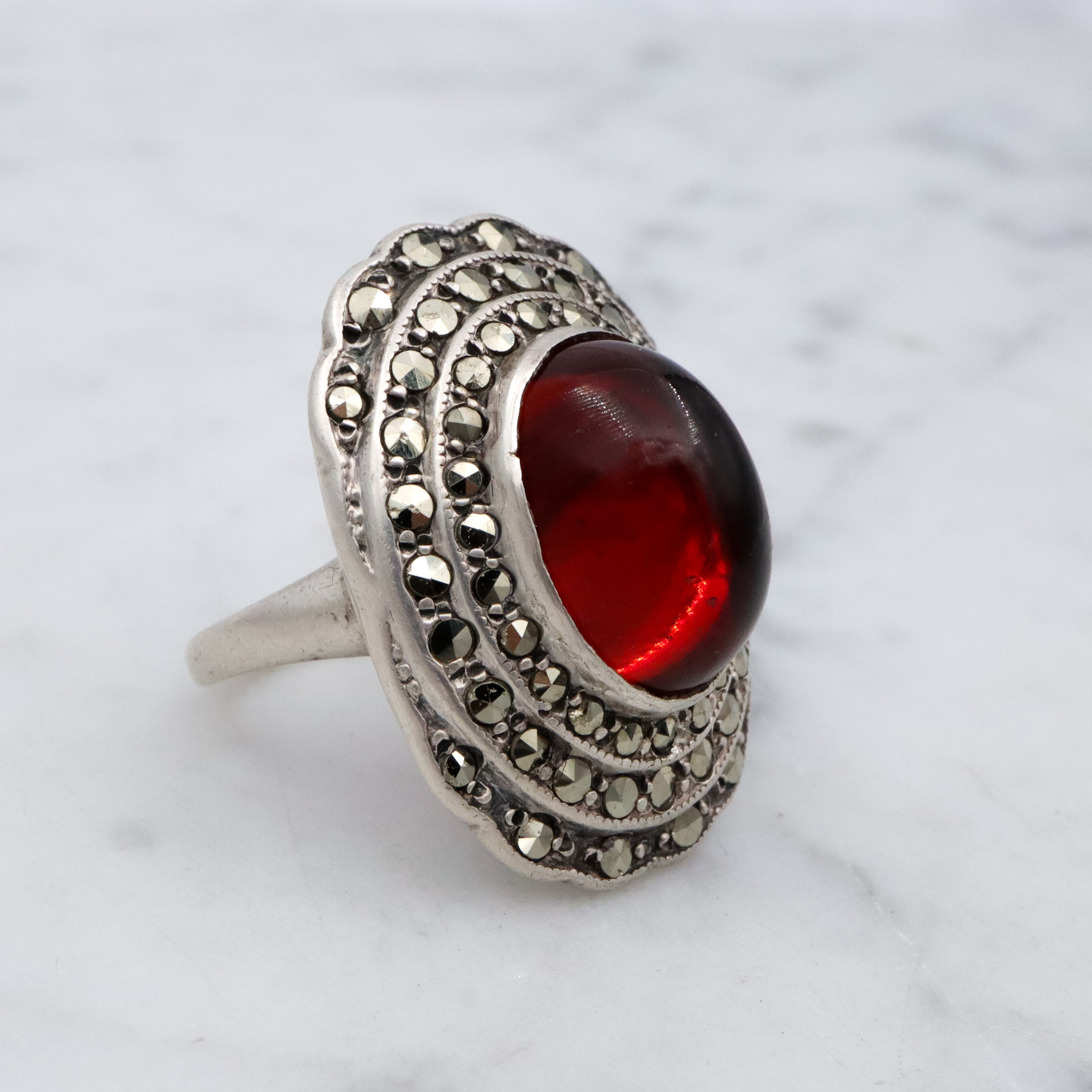 Art Deco ruby glass & marcasite sterling ring by Heintz Bros, size 6