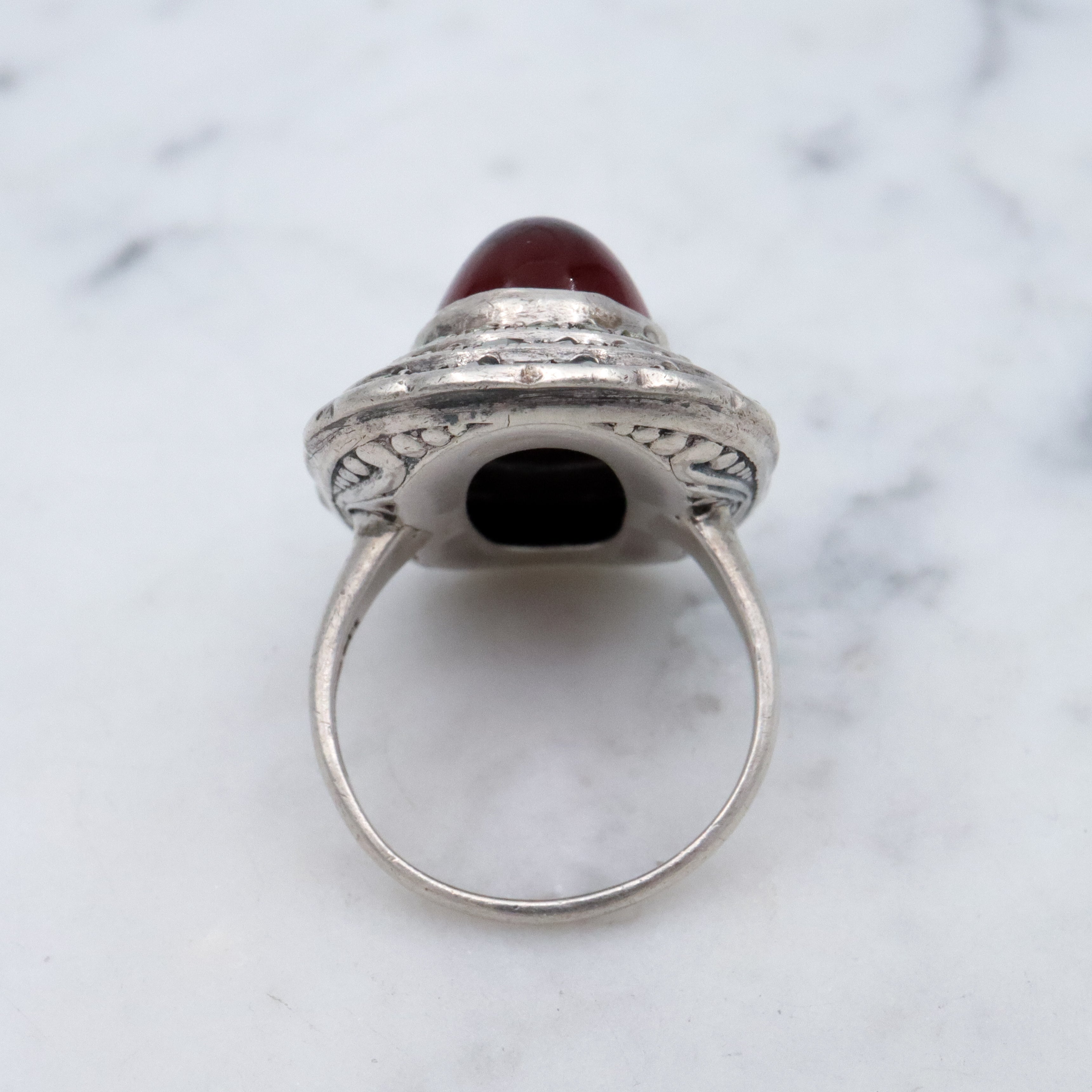 Art Deco ruby glass & marcasite sterling ring by Heintz Bros, size 6