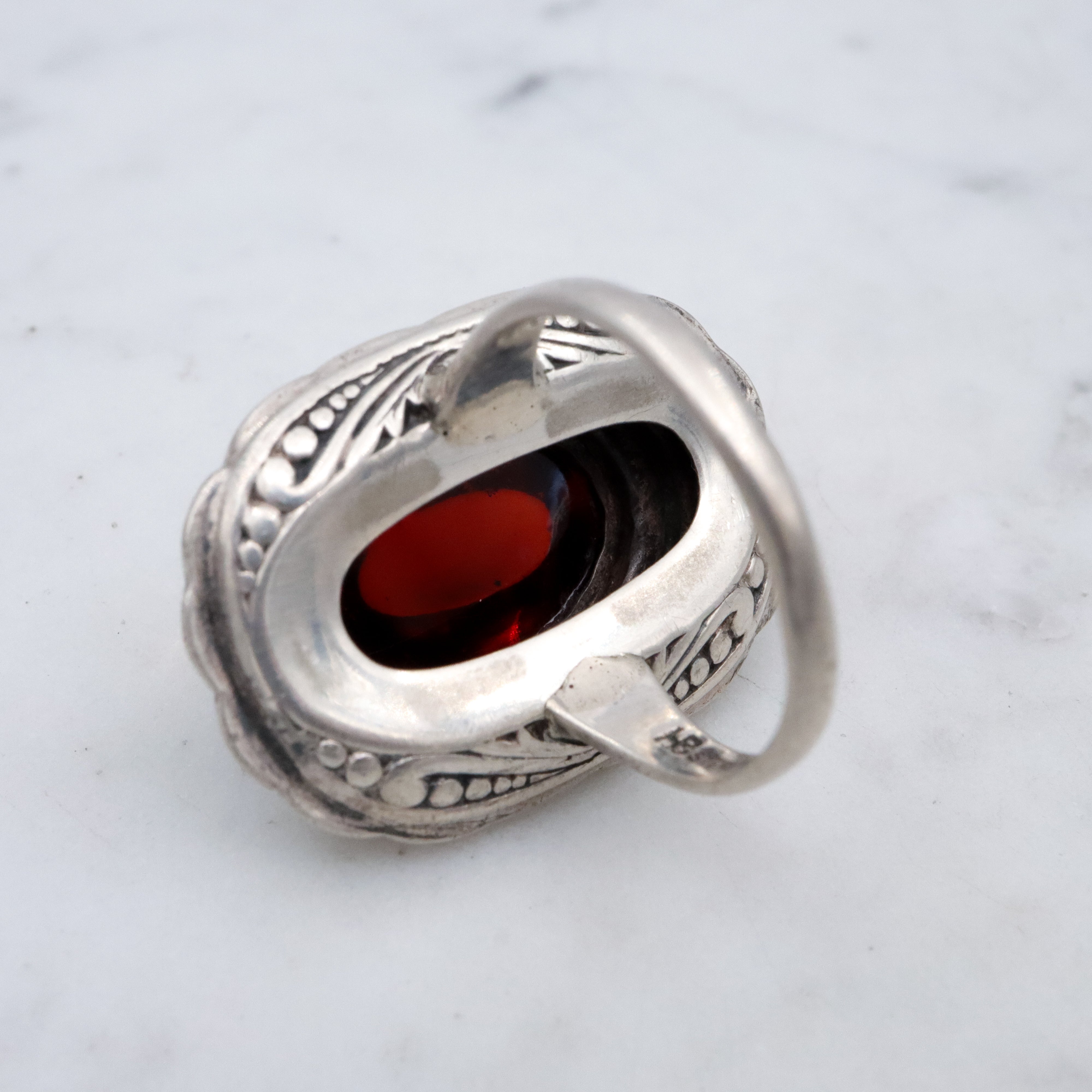 Art Deco ruby glass & marcasite sterling ring by Heintz Bros, size 6