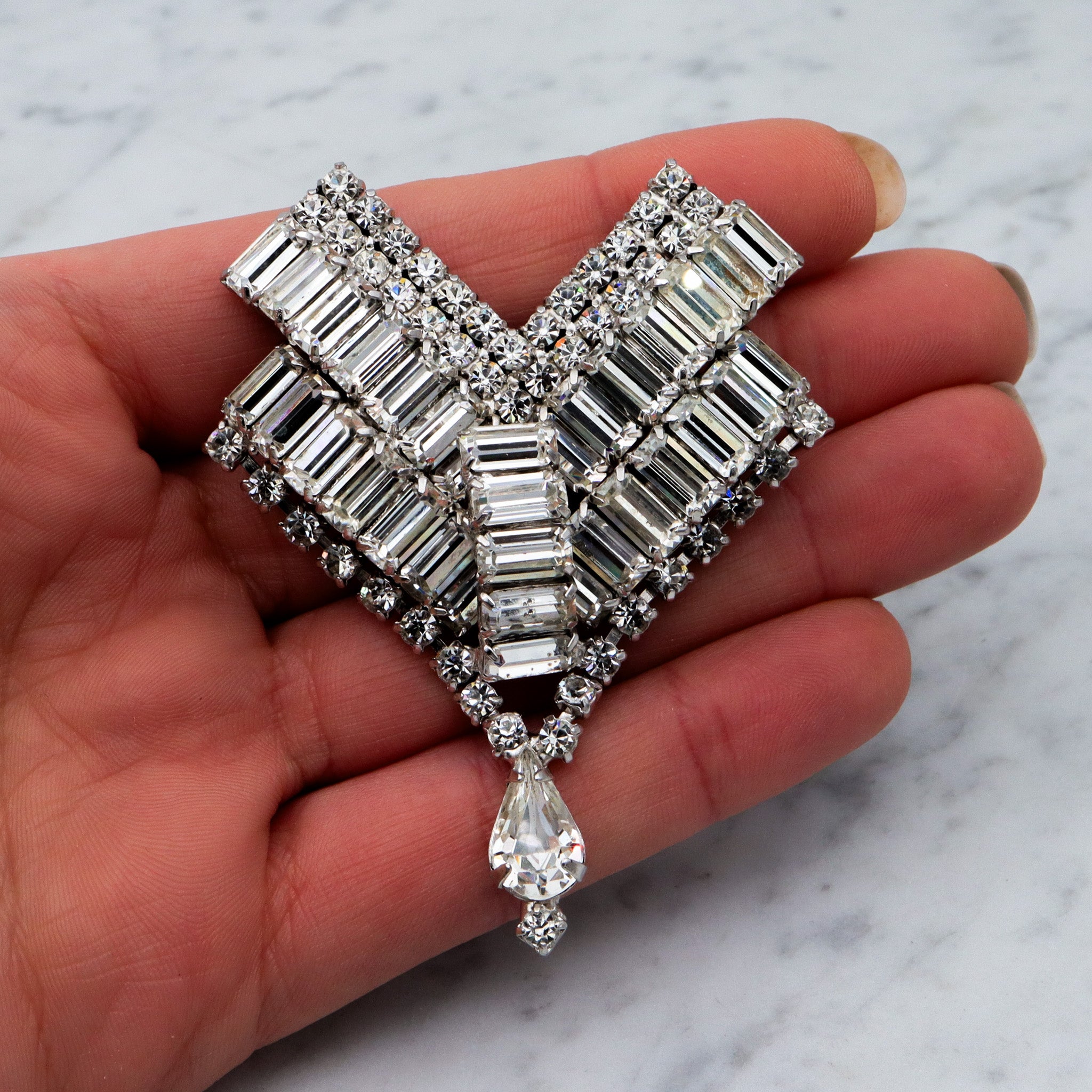 Large Art Deco rhinestone chevron Brooch