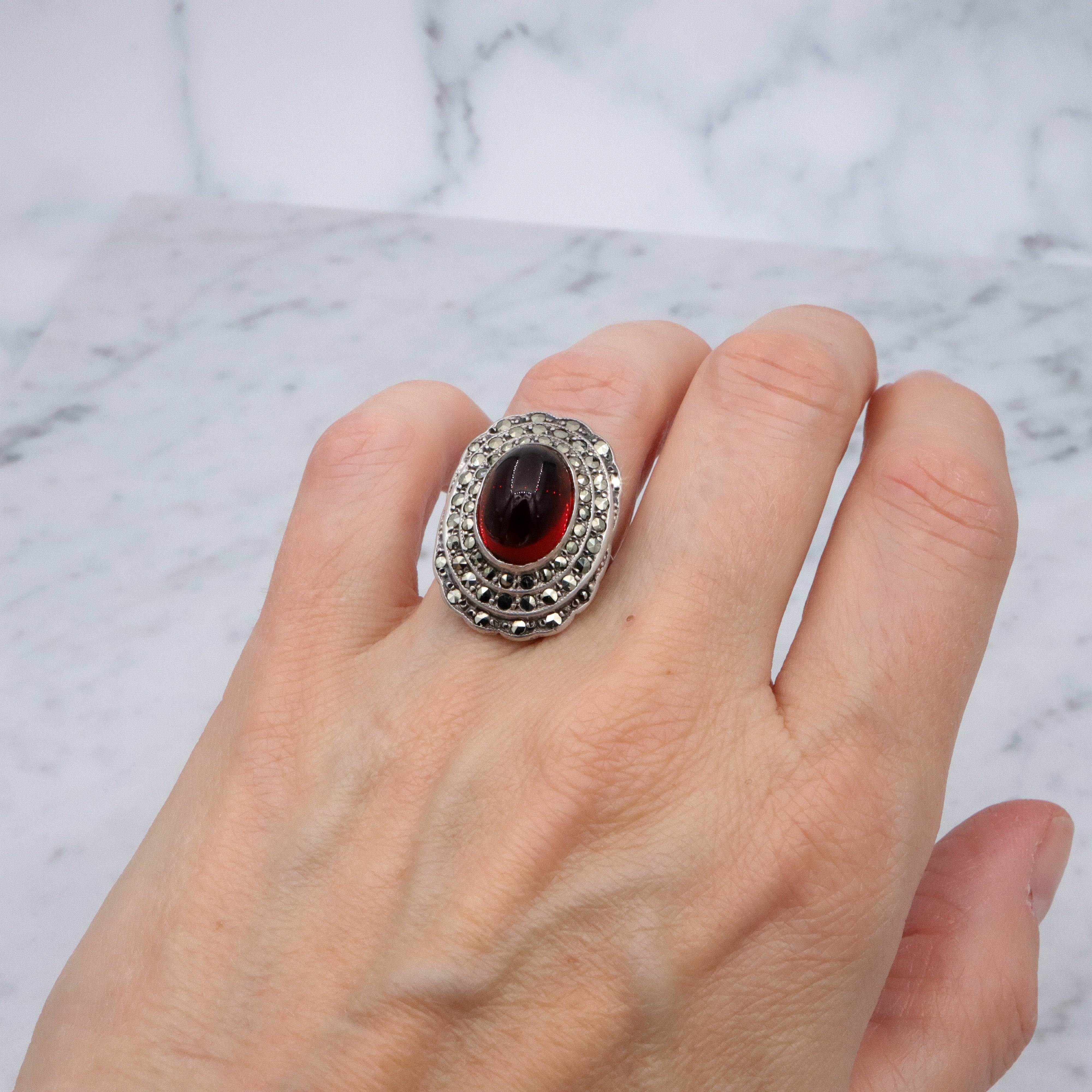 Art Deco ruby glass & marcasite sterling ring by Heintz Bros, size 6