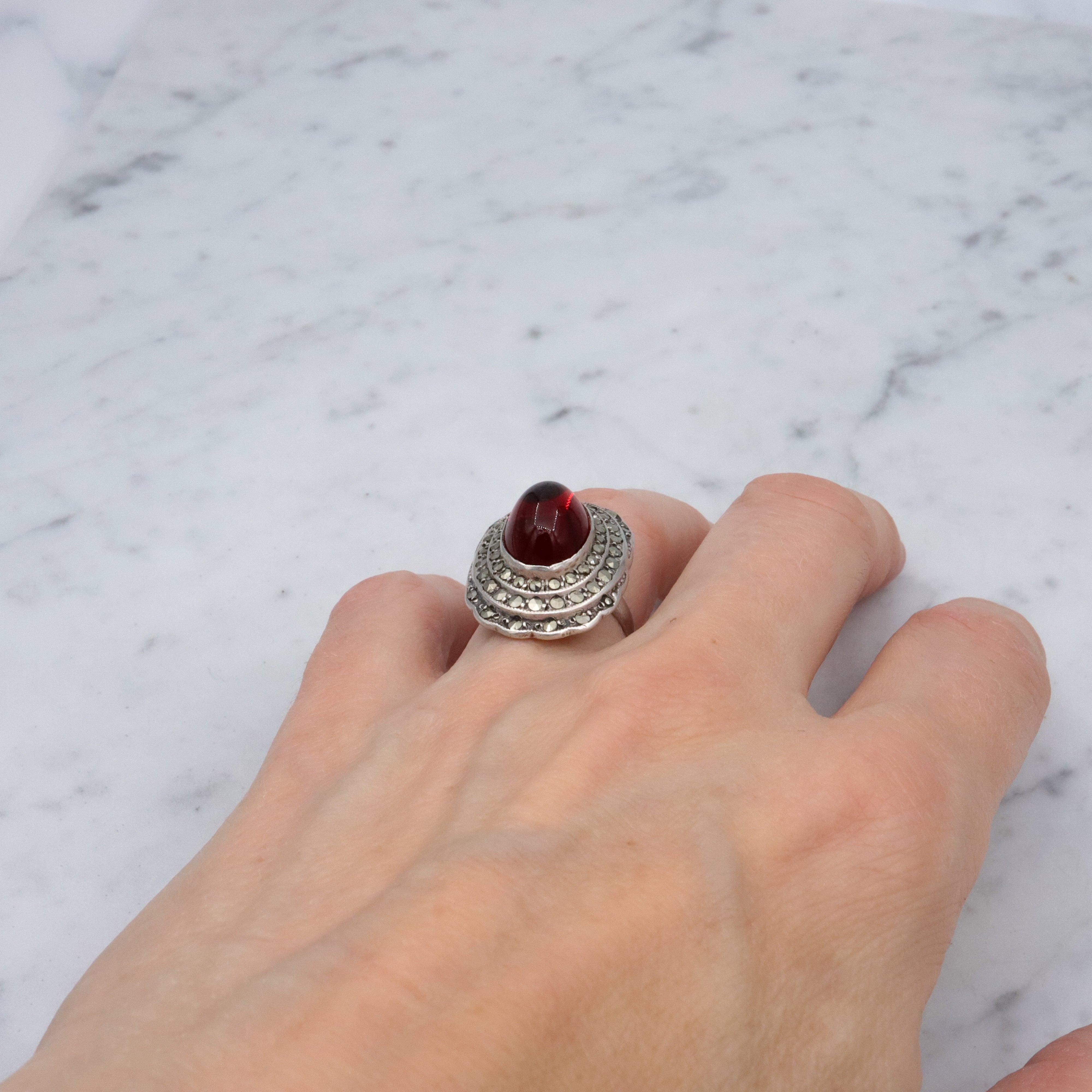 Art Deco ruby glass & marcasite sterling ring by Heintz Bros, size 6