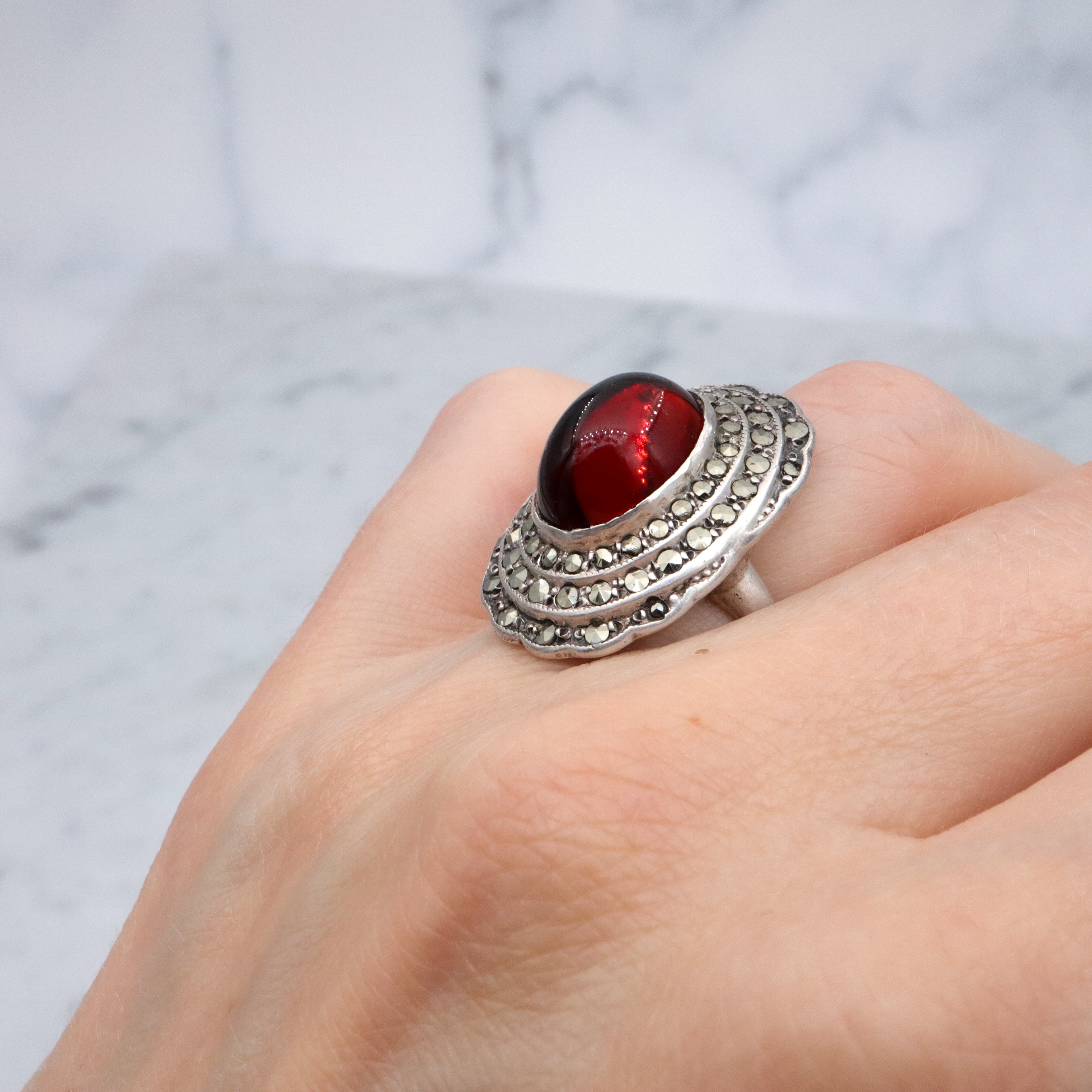 Art Deco ruby glass & marcasite sterling ring by Heintz Bros, size 6