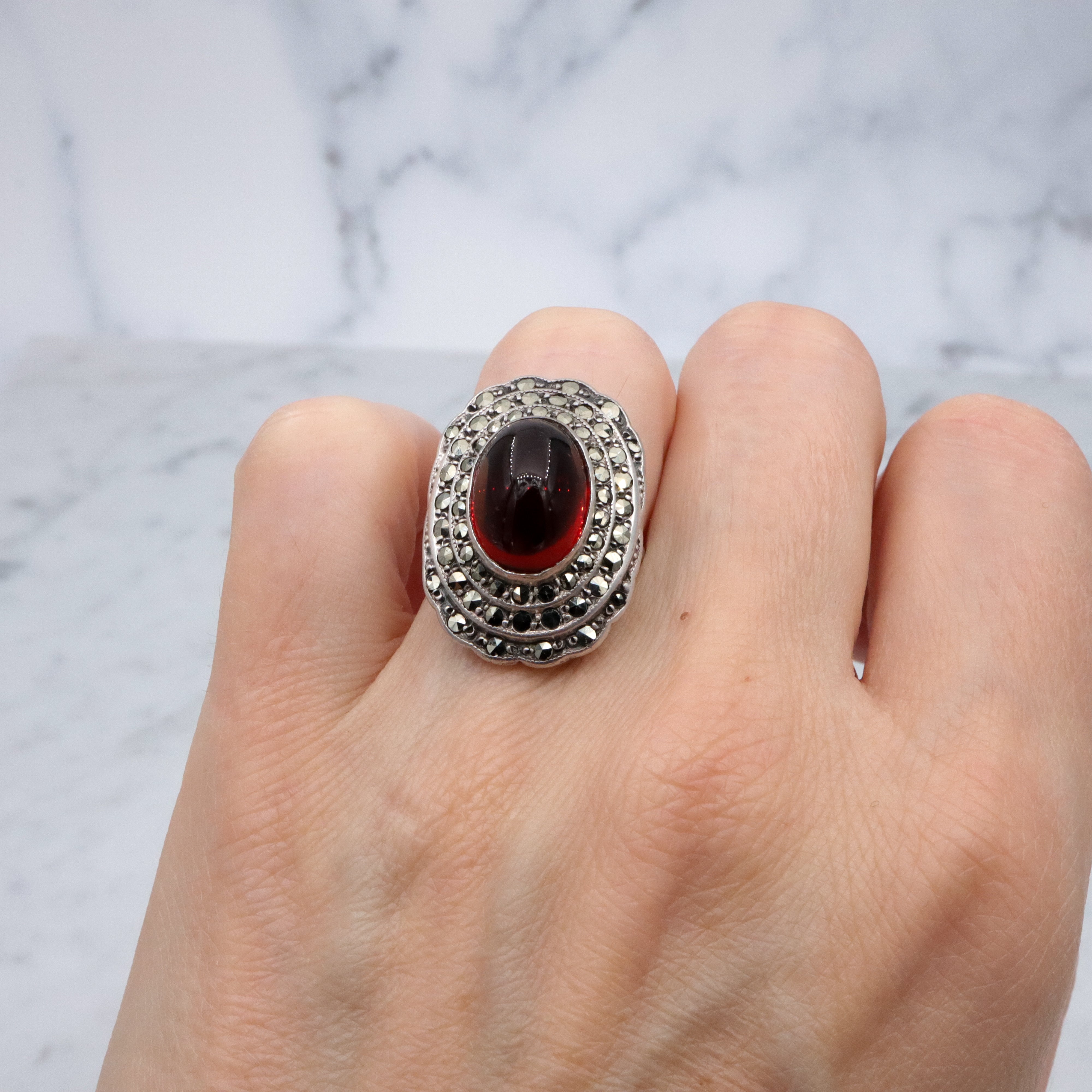 Art Deco ruby glass & marcasite sterling ring by Heintz Bros, size 6