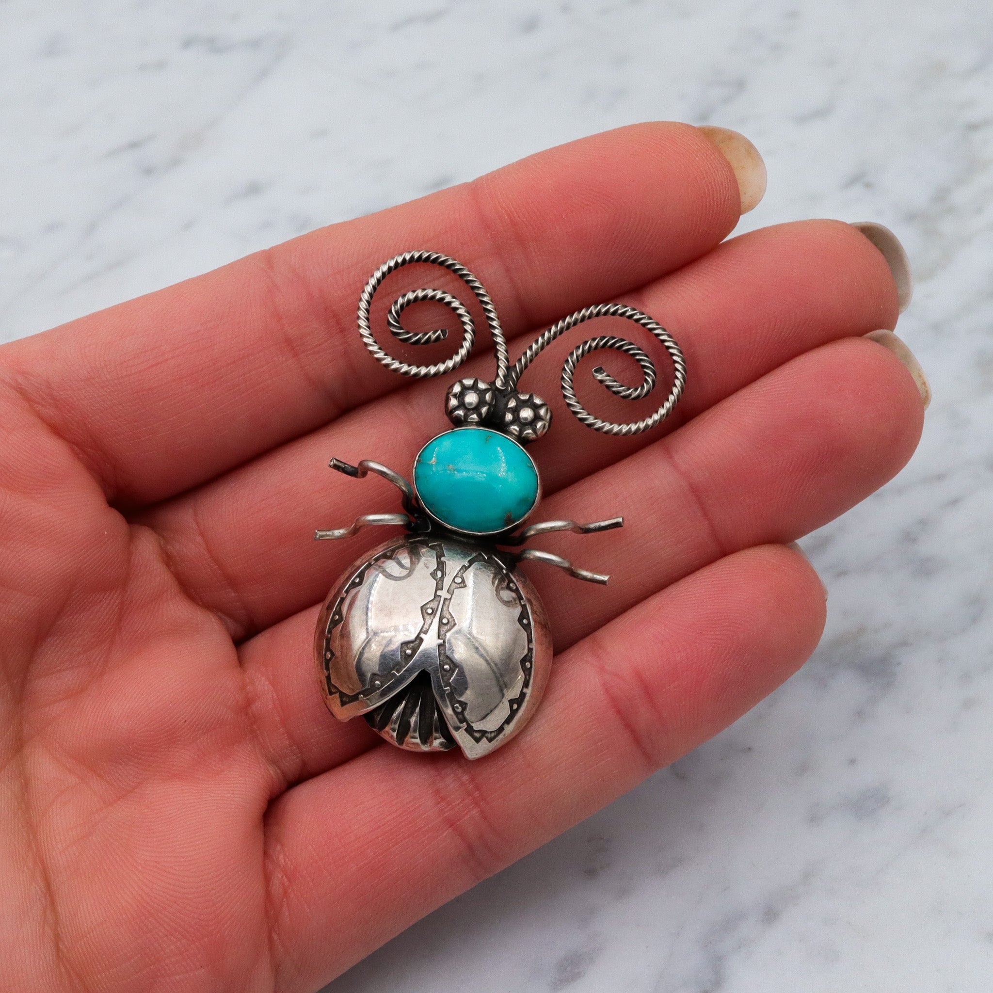 Vintage Joe Eby sterling & turquoise figural beetle brooch