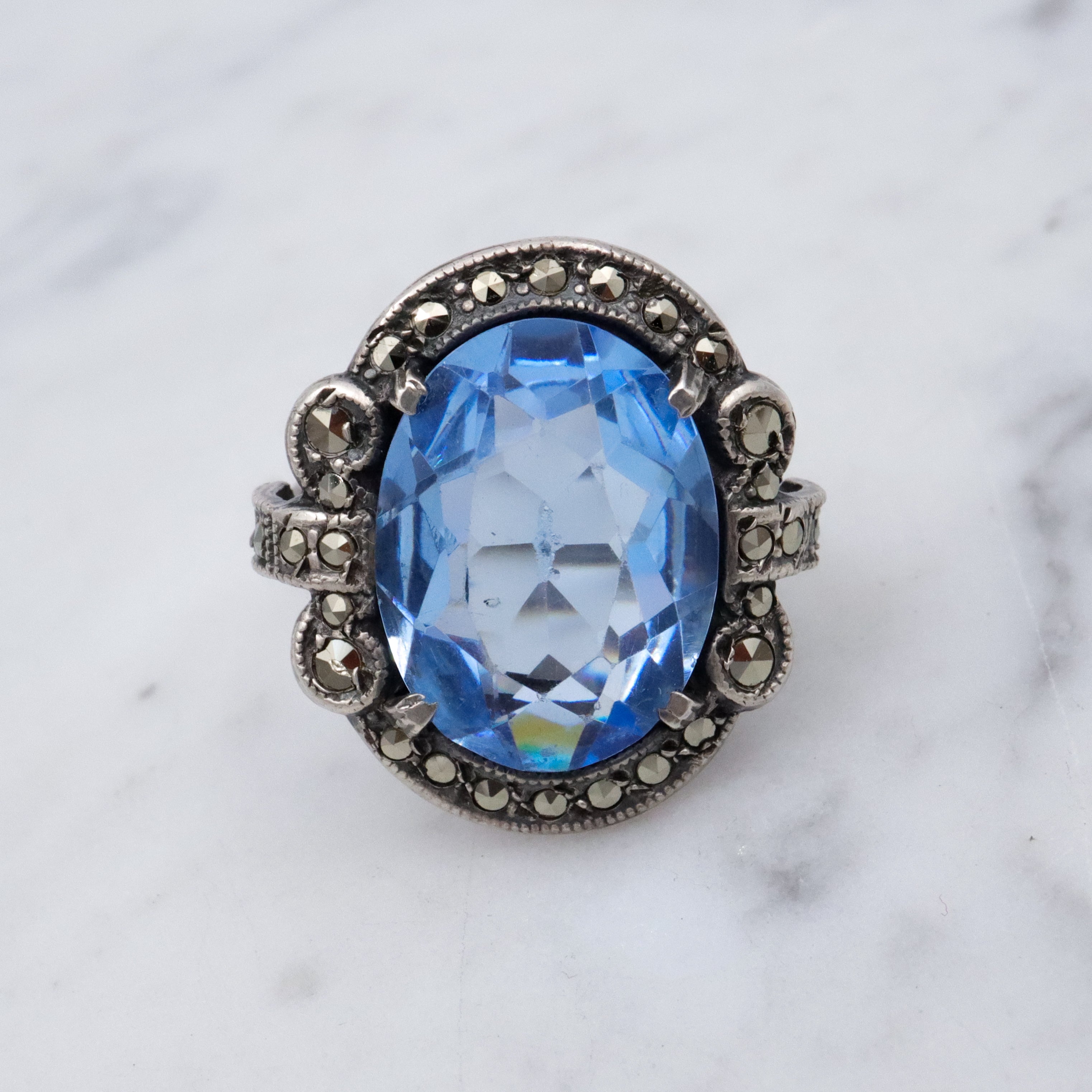 Antique Deco aqua glass & marcasite sterling ring, size 7
