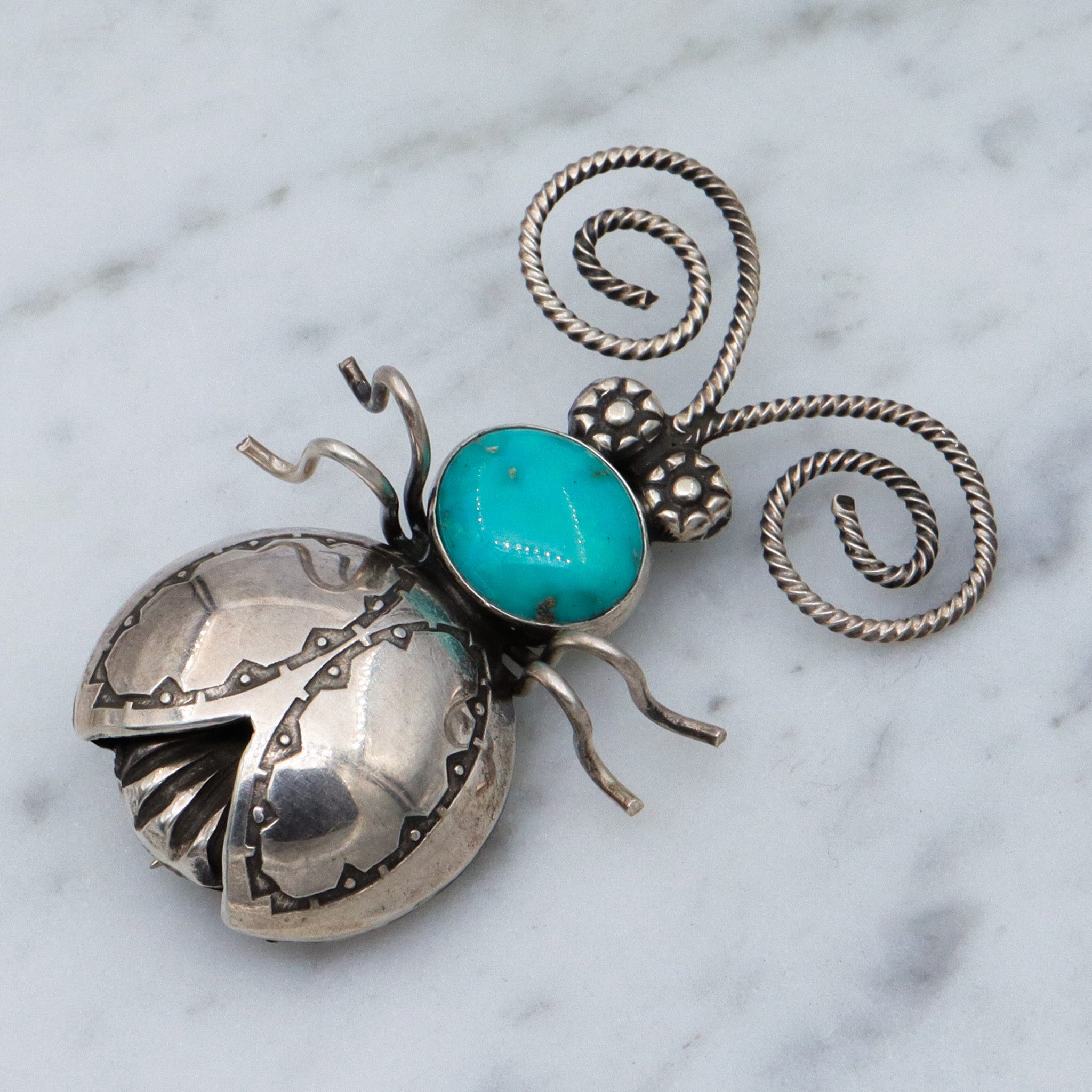 Vintage Joe Eby sterling & turquoise figural beetle brooch