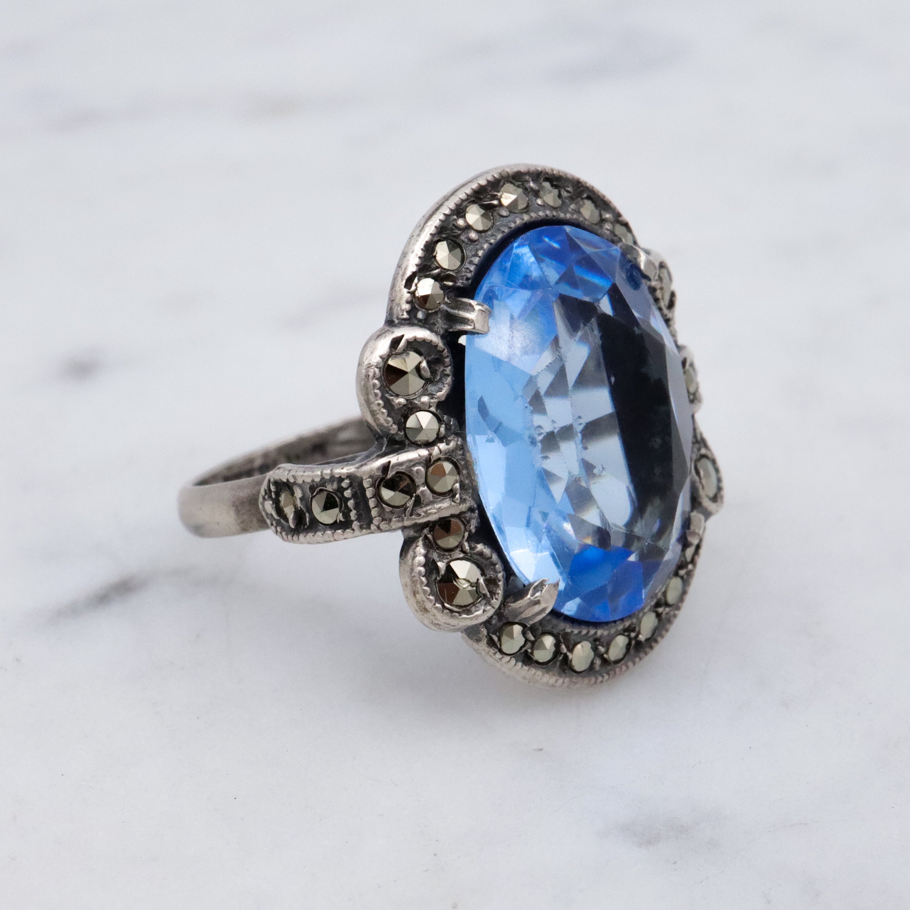 Antique Deco aqua glass & marcasite sterling ring, size 7
