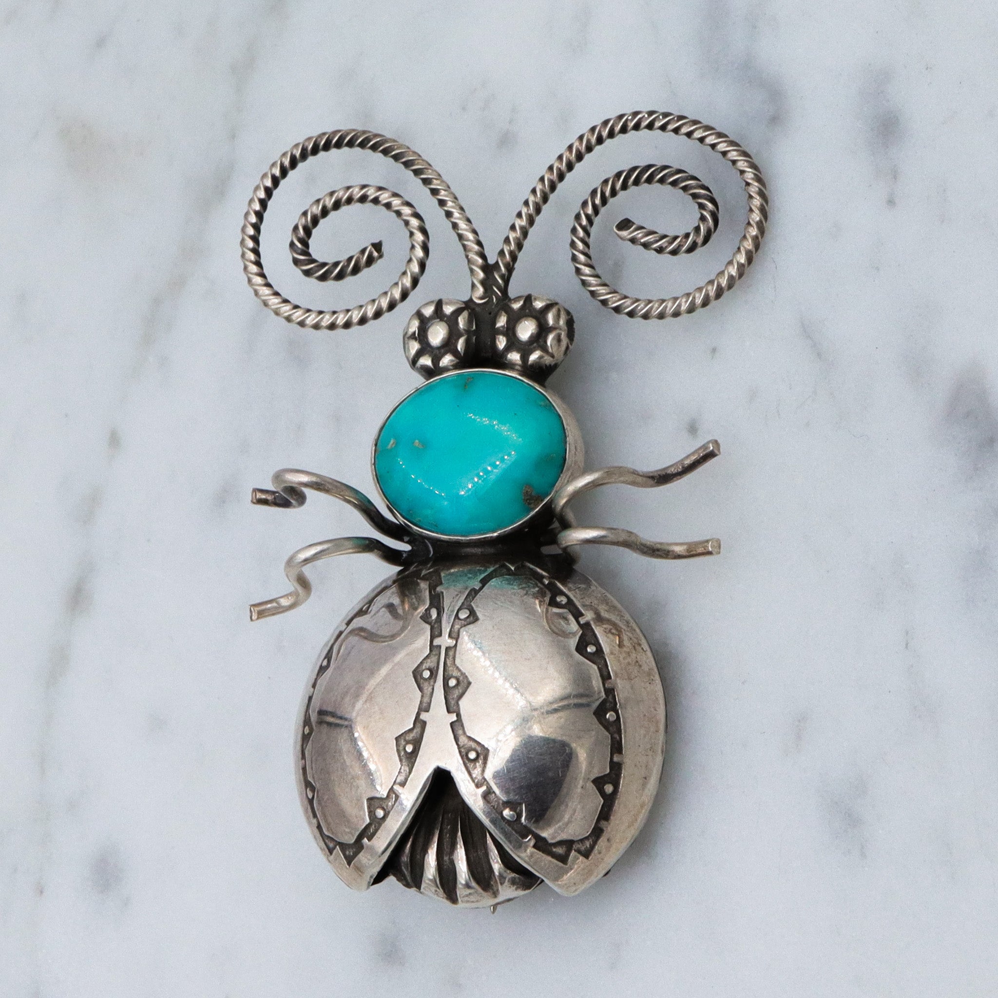 Vintage Joe Eby sterling & turquoise figural beetle brooch