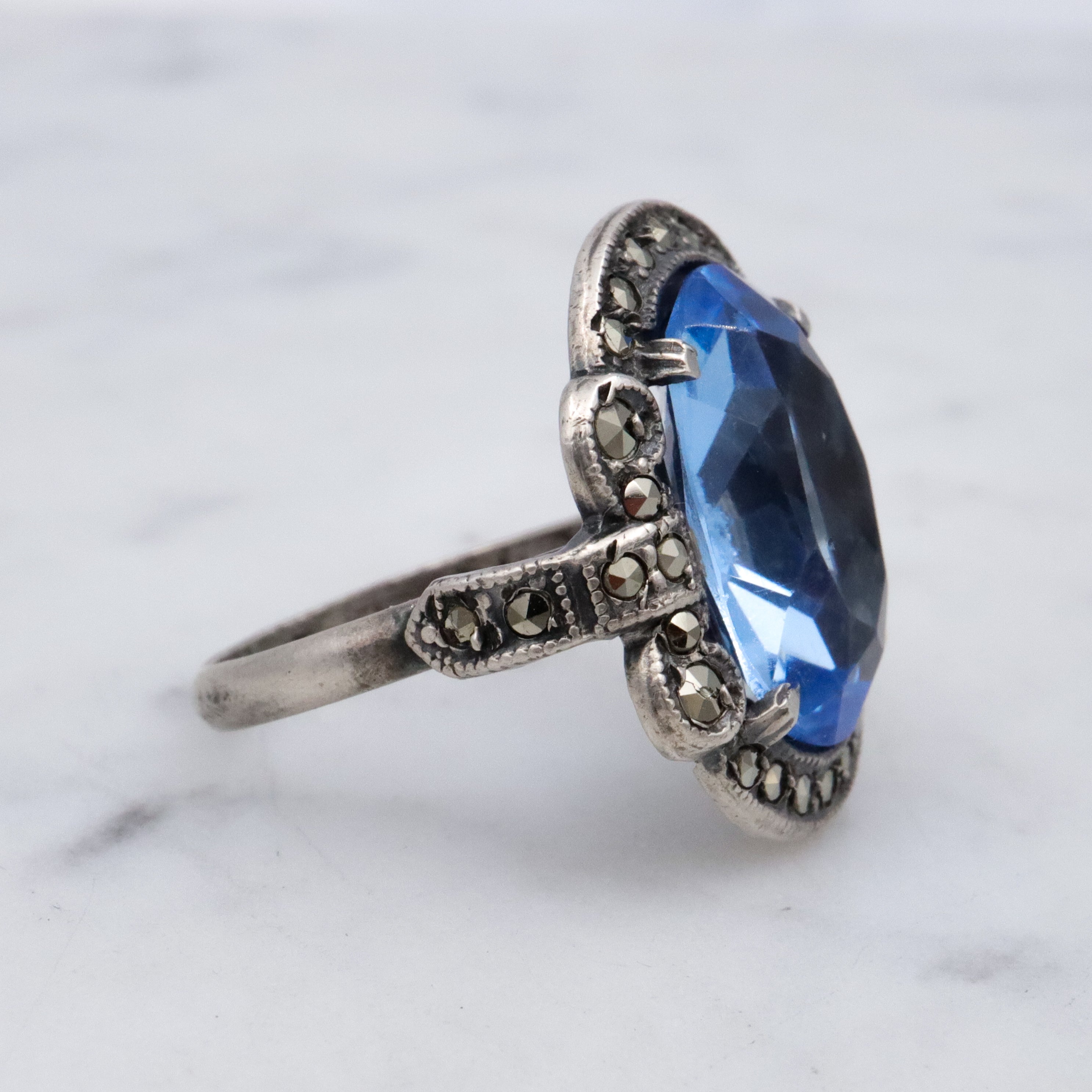 Antique Deco aqua glass & marcasite sterling ring, size 7