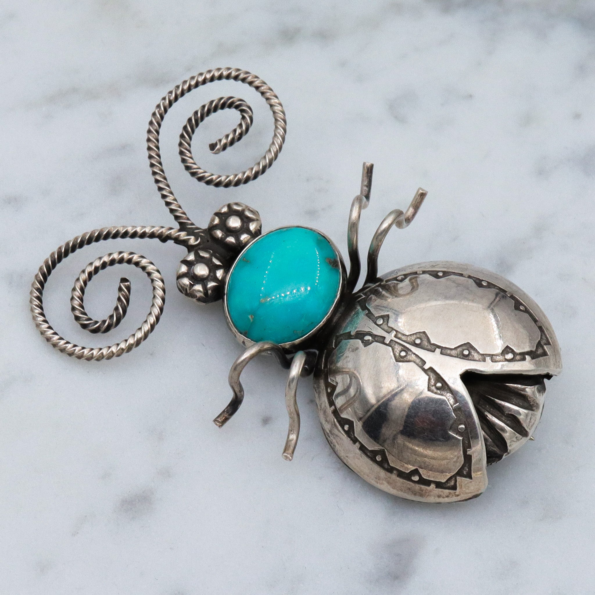 Vintage Joe Eby sterling & turquoise figural beetle brooch