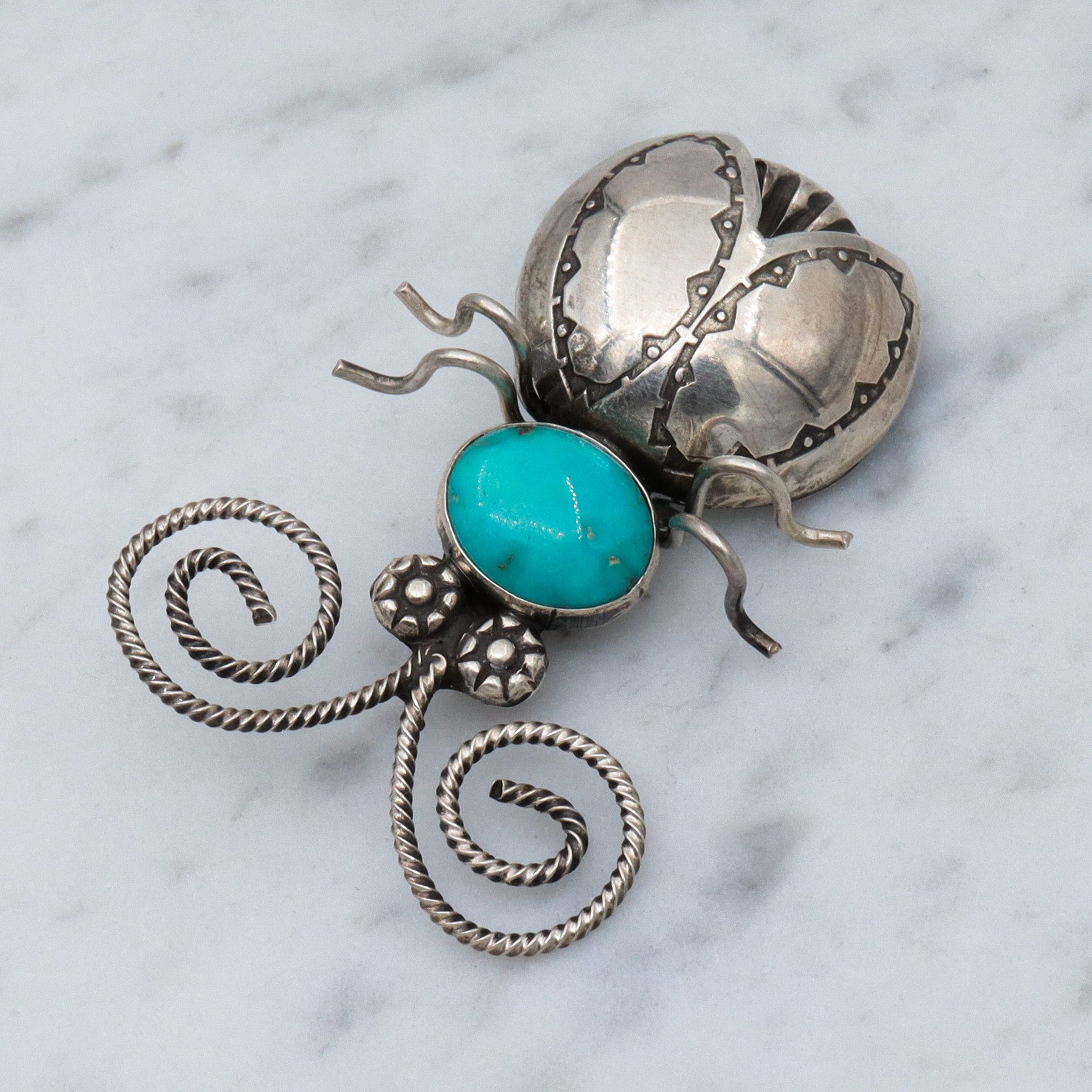 Vintage Joe Eby sterling & turquoise figural beetle brooch