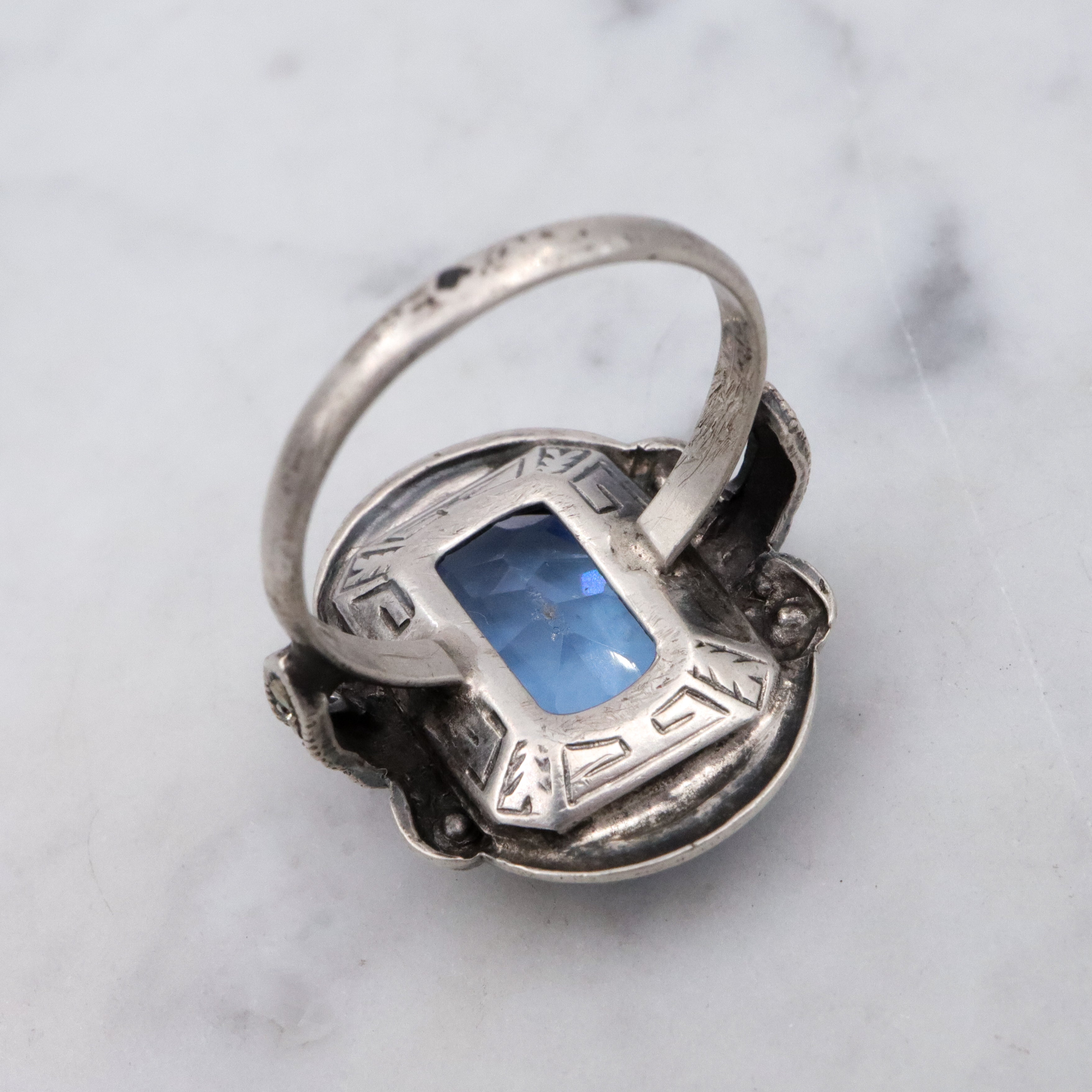 Antique Deco aqua glass & marcasite sterling ring, size 7