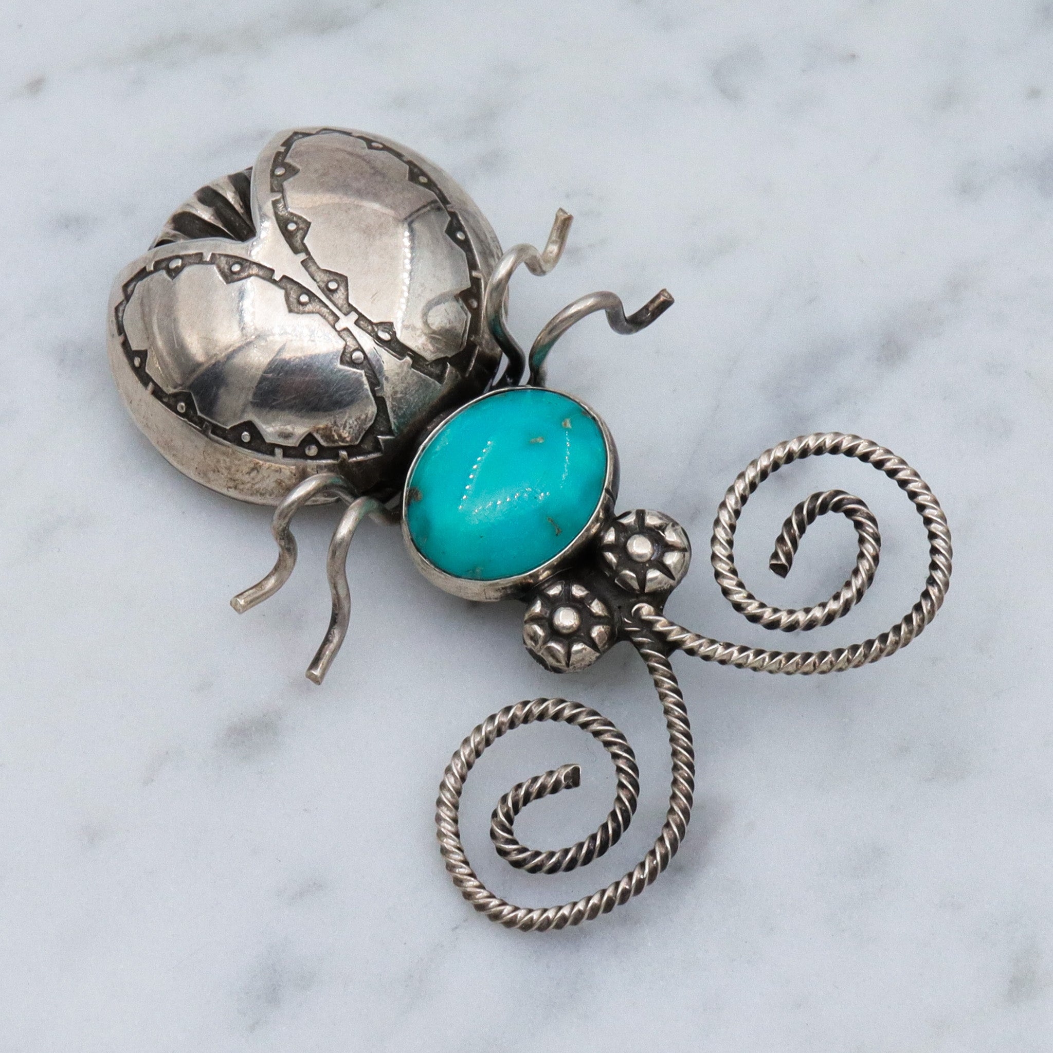 Vintage Joe Eby sterling & turquoise figural beetle brooch