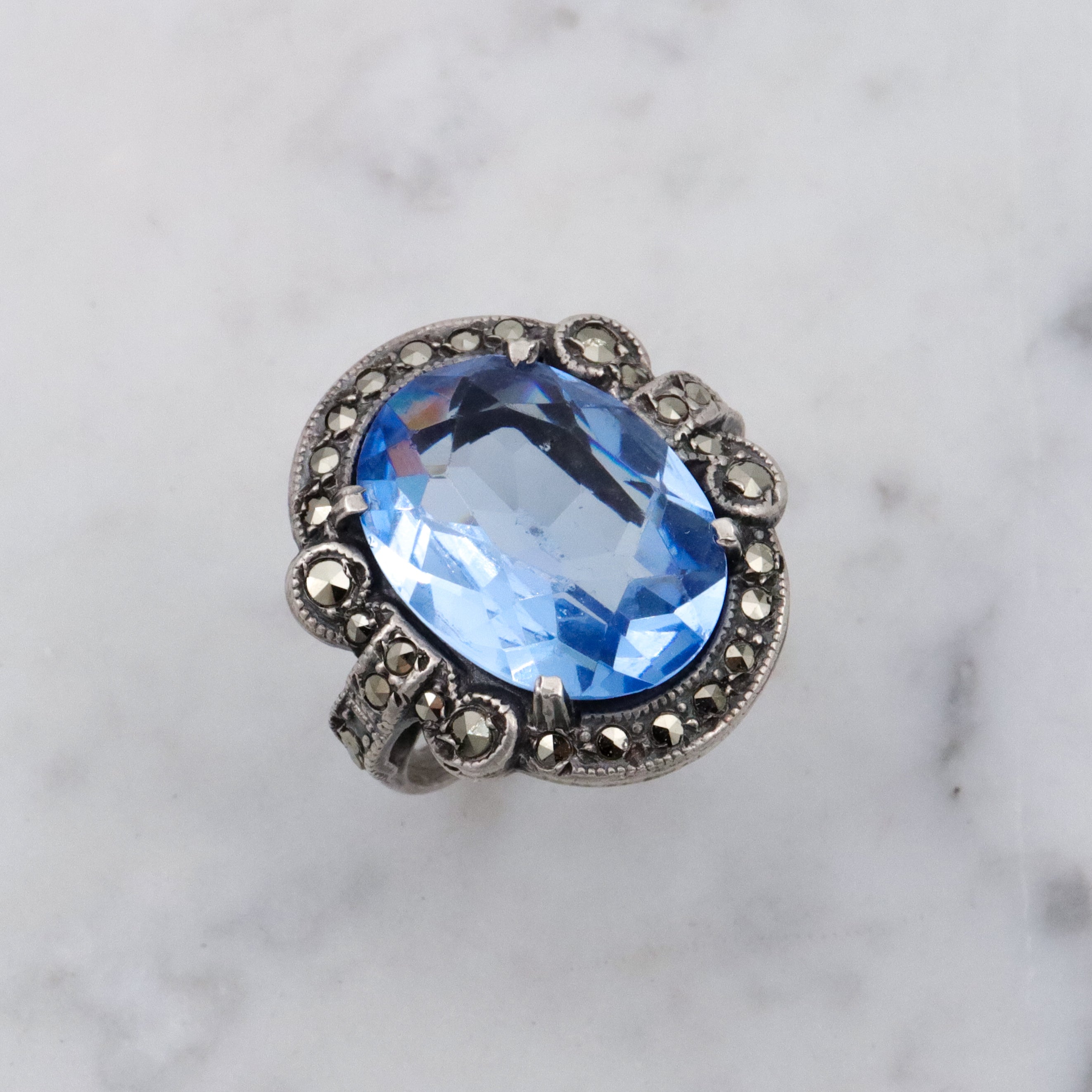 Antique Deco aqua glass & marcasite sterling ring, size 7