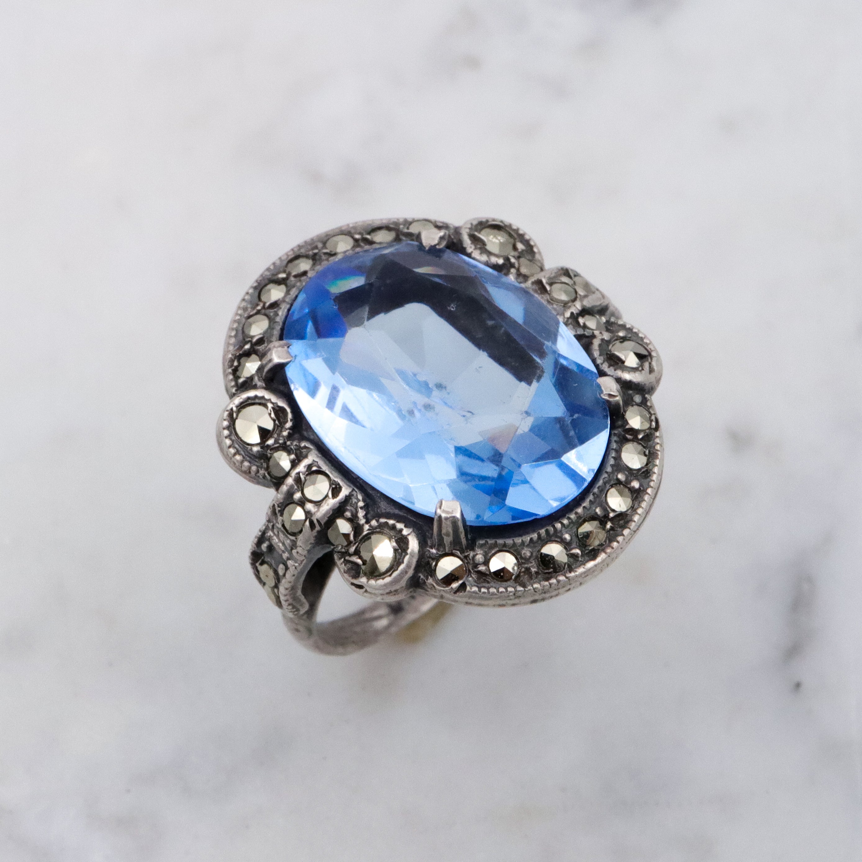 Antique Deco aqua glass & marcasite sterling ring, size 7