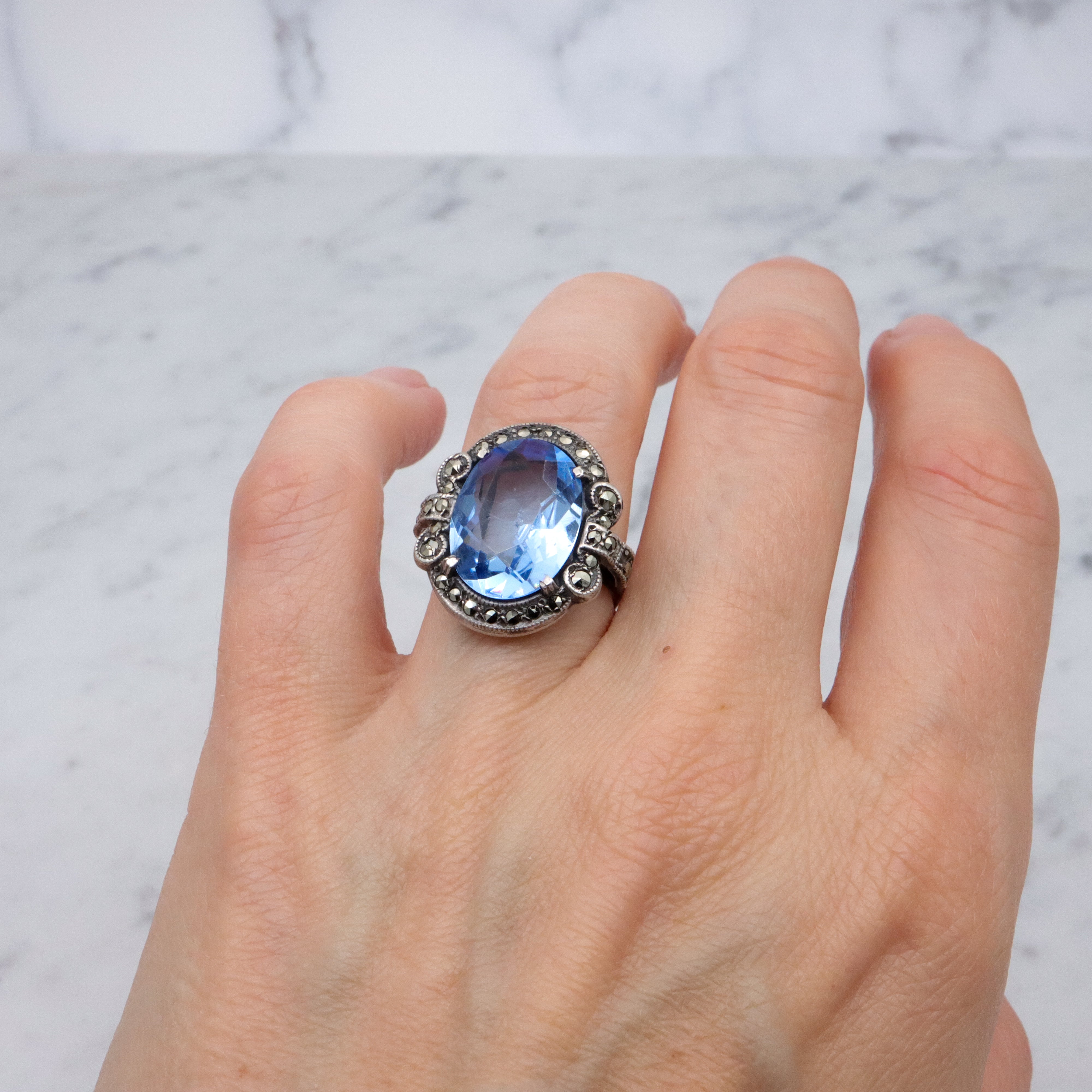 Antique Deco aqua glass & marcasite sterling ring, size 7