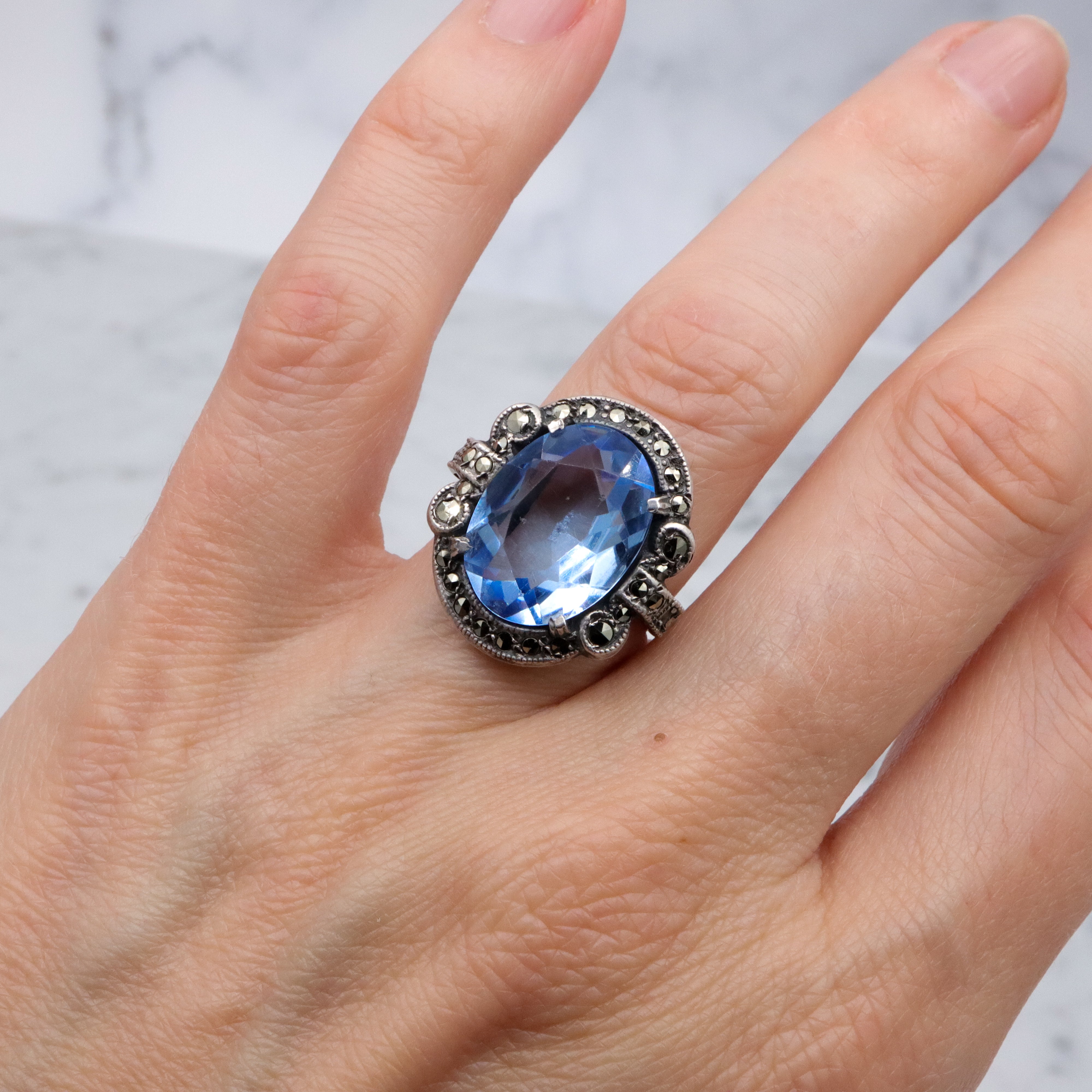 Antique Deco aqua glass & marcasite sterling ring, size 7