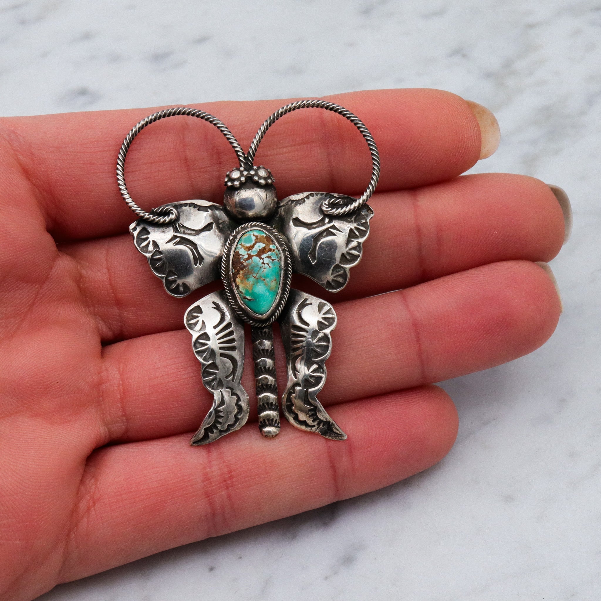 Vintage Joe Eby sterling silver & turquoise figural butterfly brooch