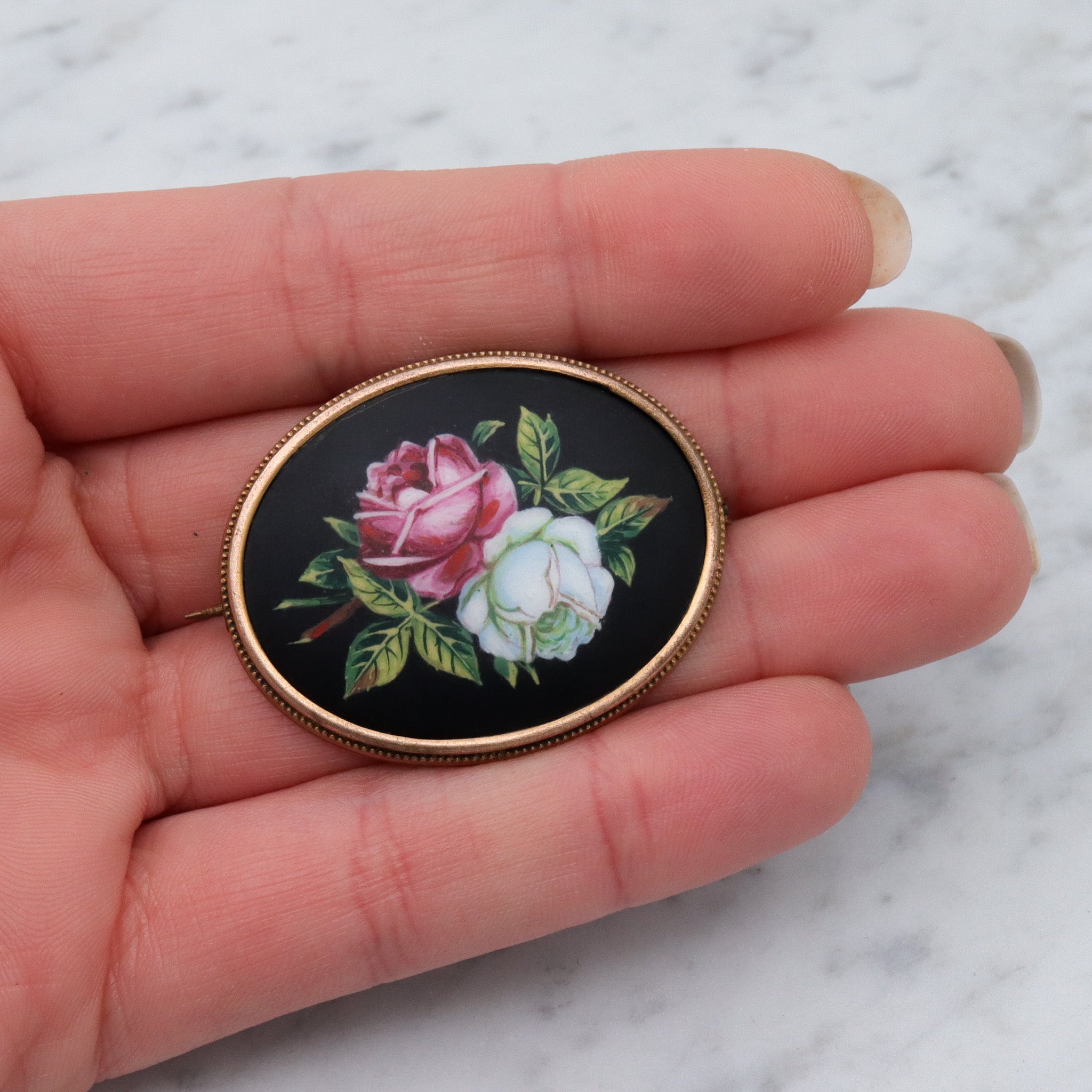 Antique Victorian hand painted roses porcelain pinchbeck brooch