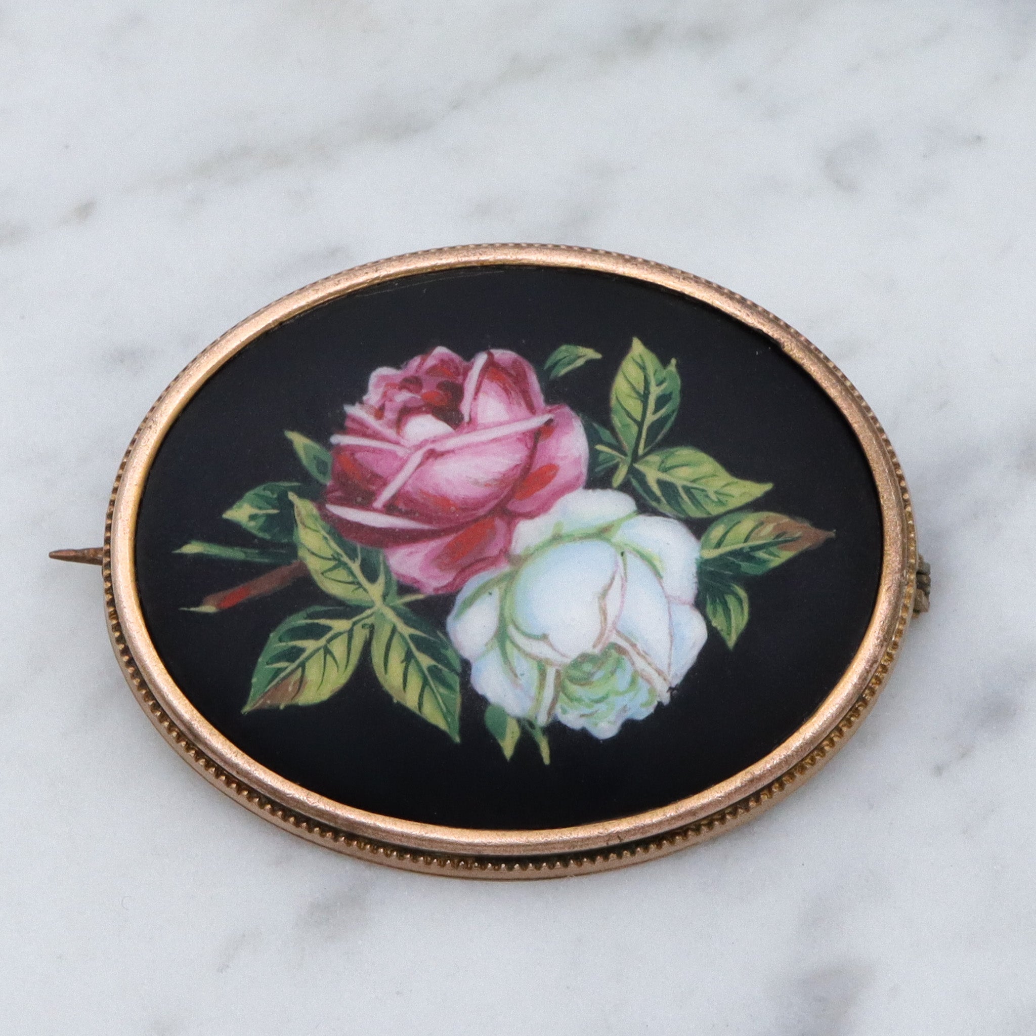 Antique Victorian hand painted roses porcelain pinchbeck brooch