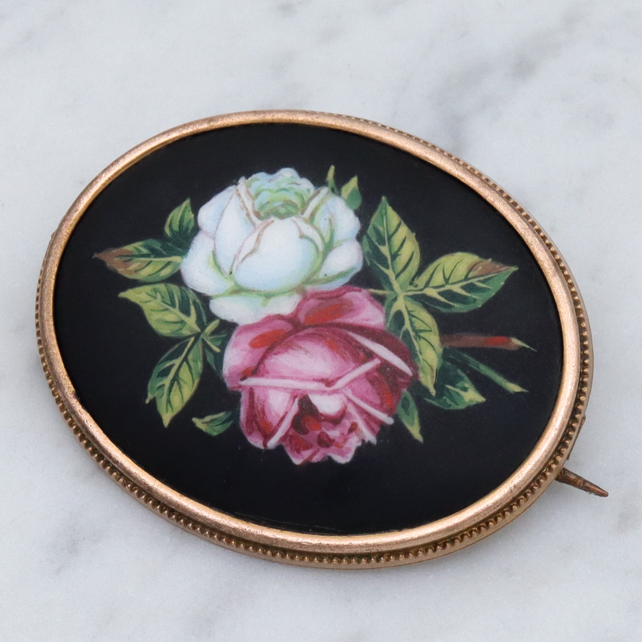 Antique Victorian hand painted roses porcelain pinchbeck brooch