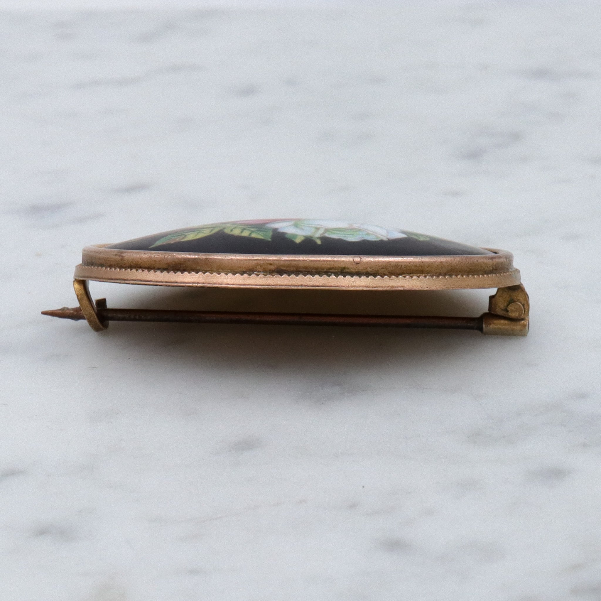 Antique Victorian hand painted roses porcelain pinchbeck brooch