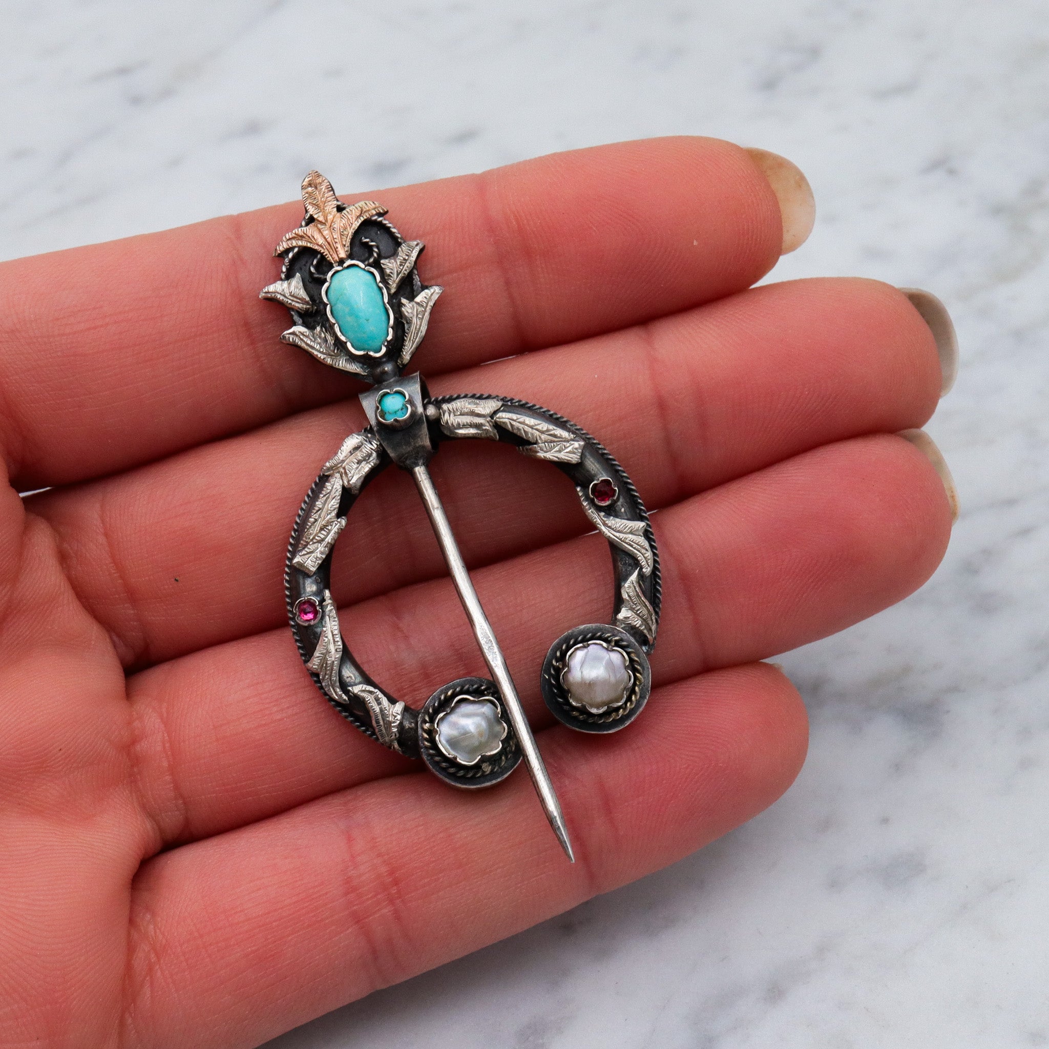Antique Middle Eastern silver fibula pin w/turquoise, pearl & faux ruby