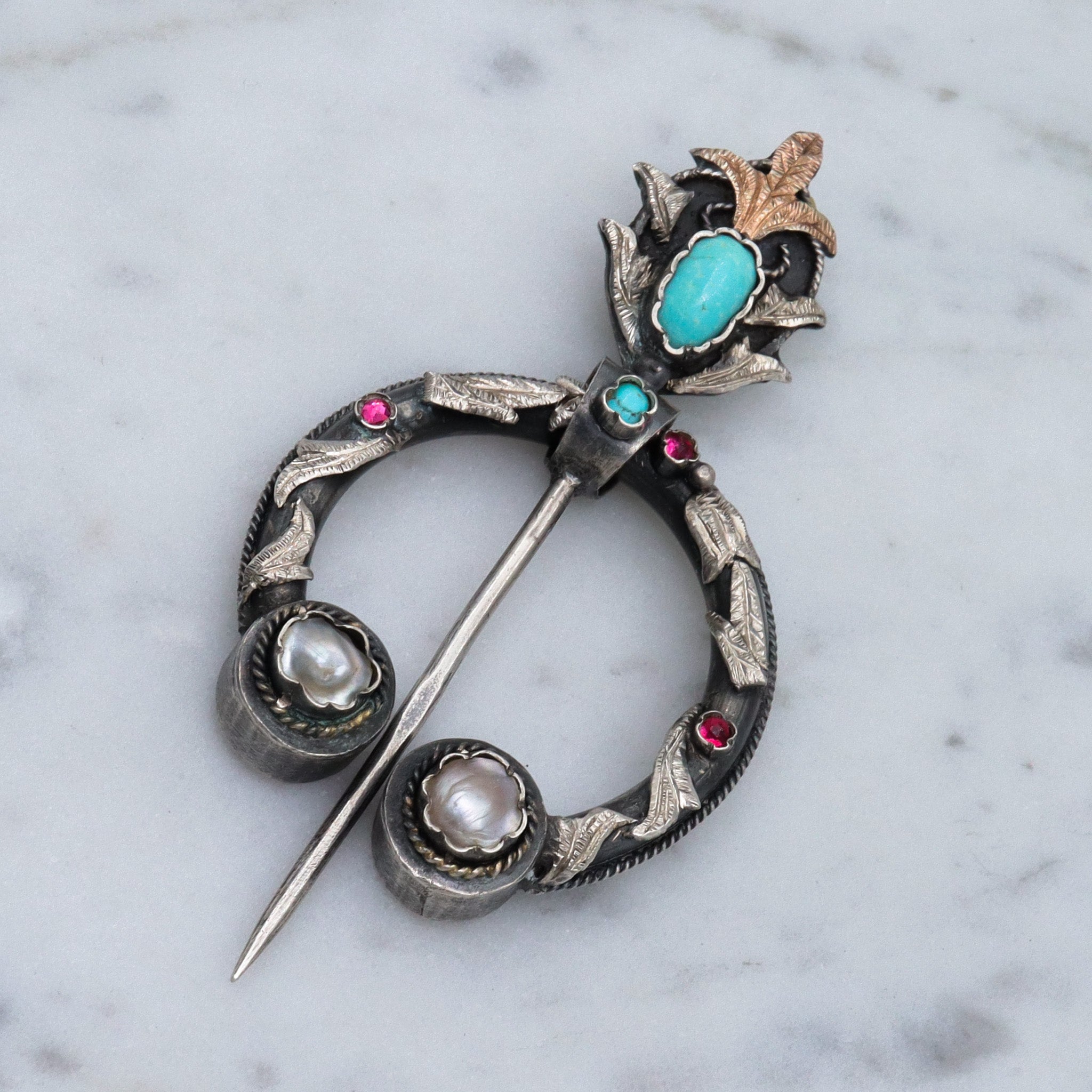 Antique Middle Eastern silver fibula pin w/turquoise, pearl & faux ruby