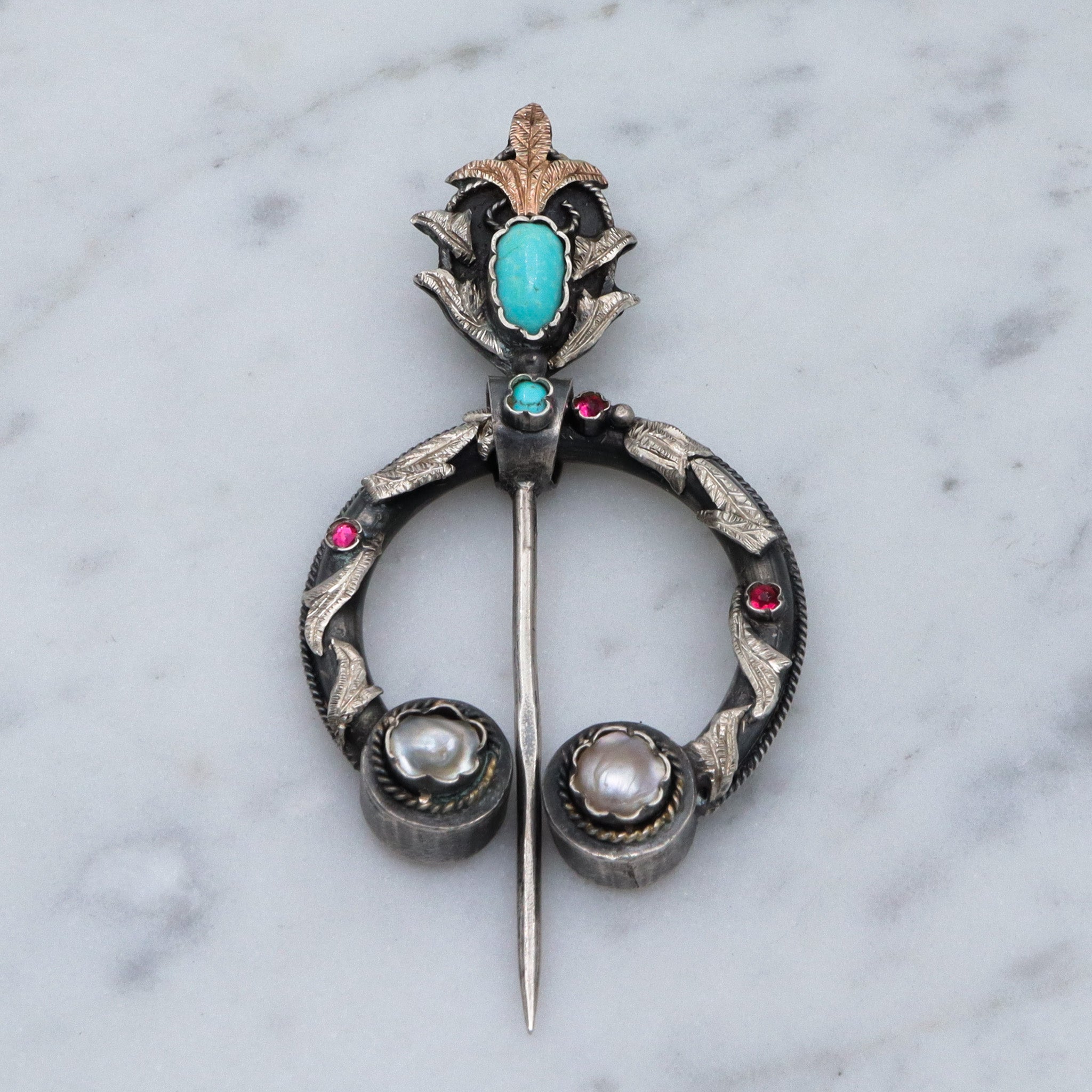 Antique Middle Eastern silver fibula pin w/turquoise, pearl & faux ruby