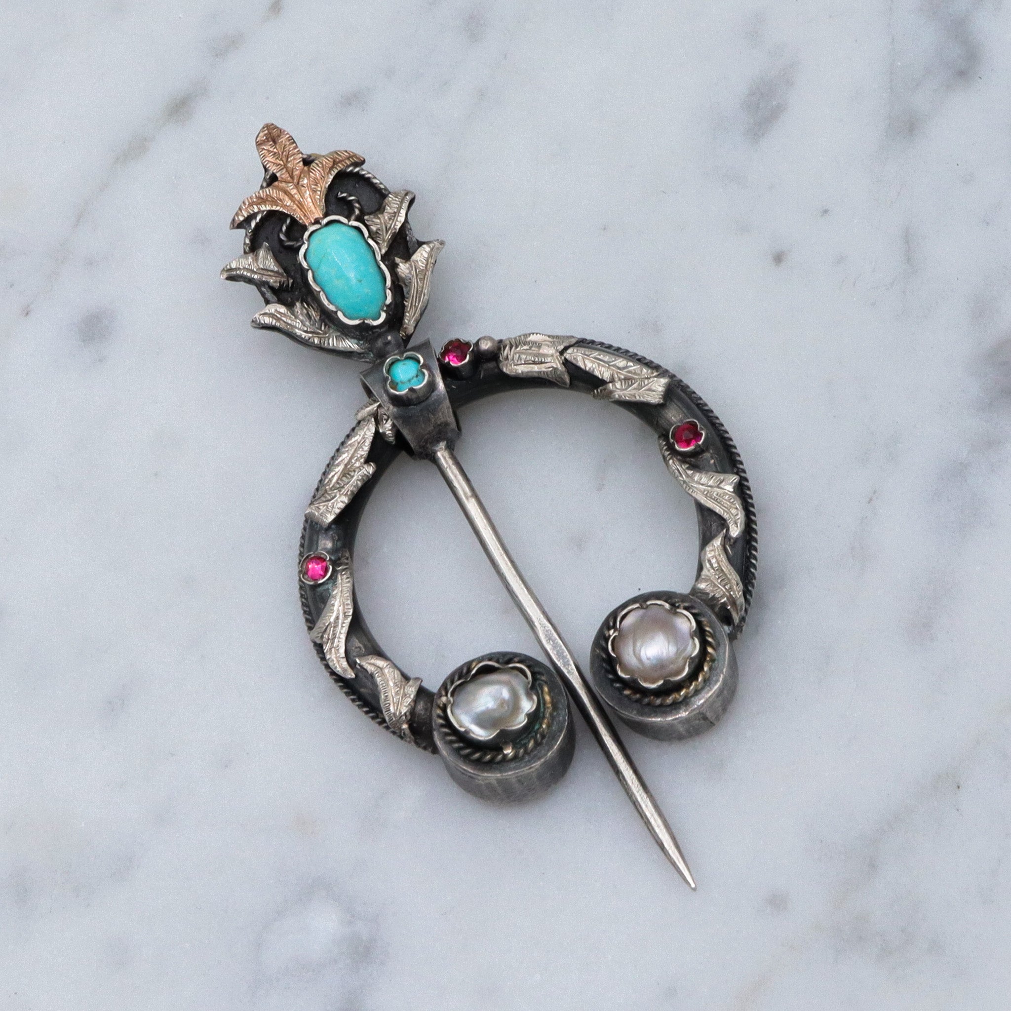 Antique Middle Eastern silver fibula pin w/turquoise, pearl & faux ruby
