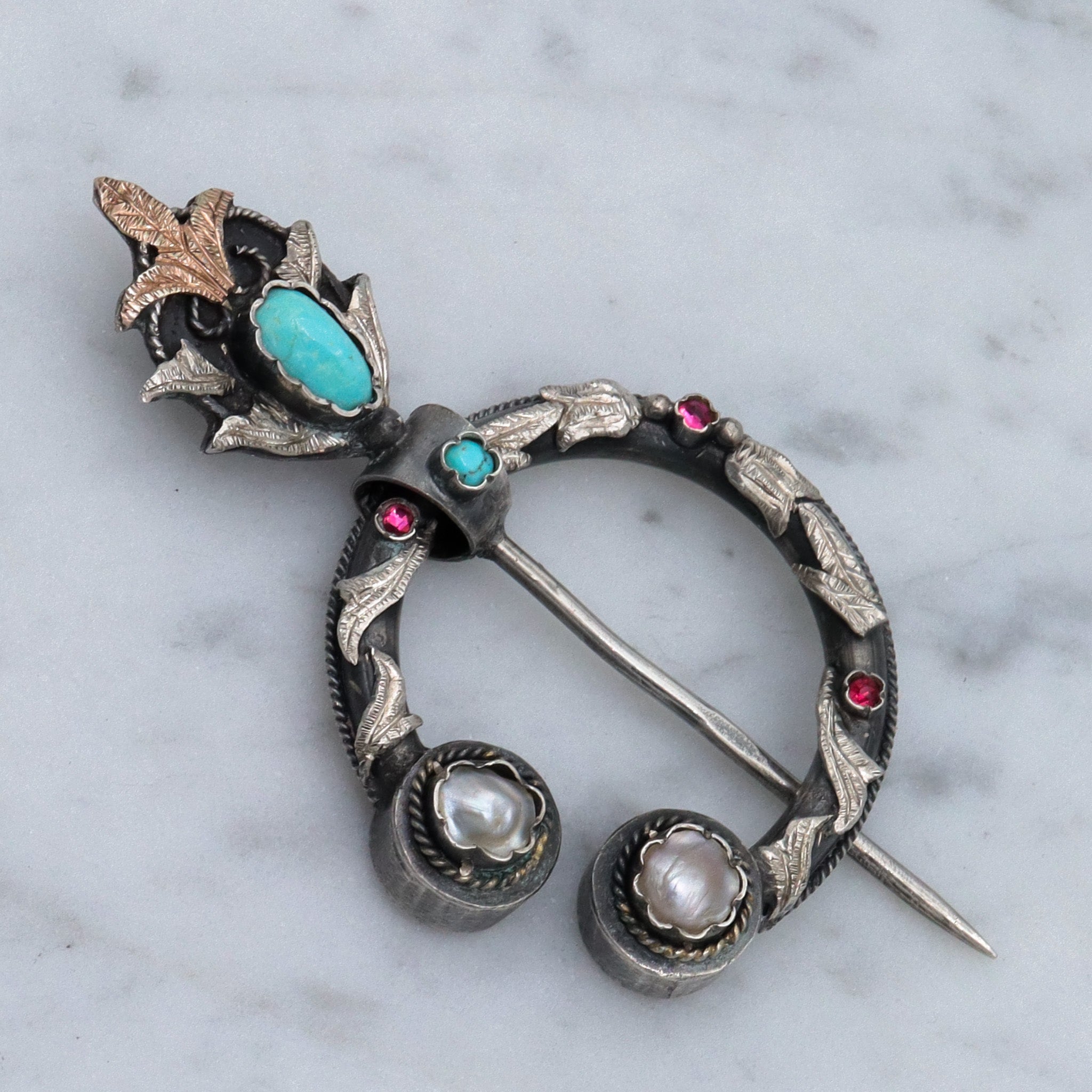 Antique Middle Eastern silver fibula pin w/turquoise, pearl & faux ruby