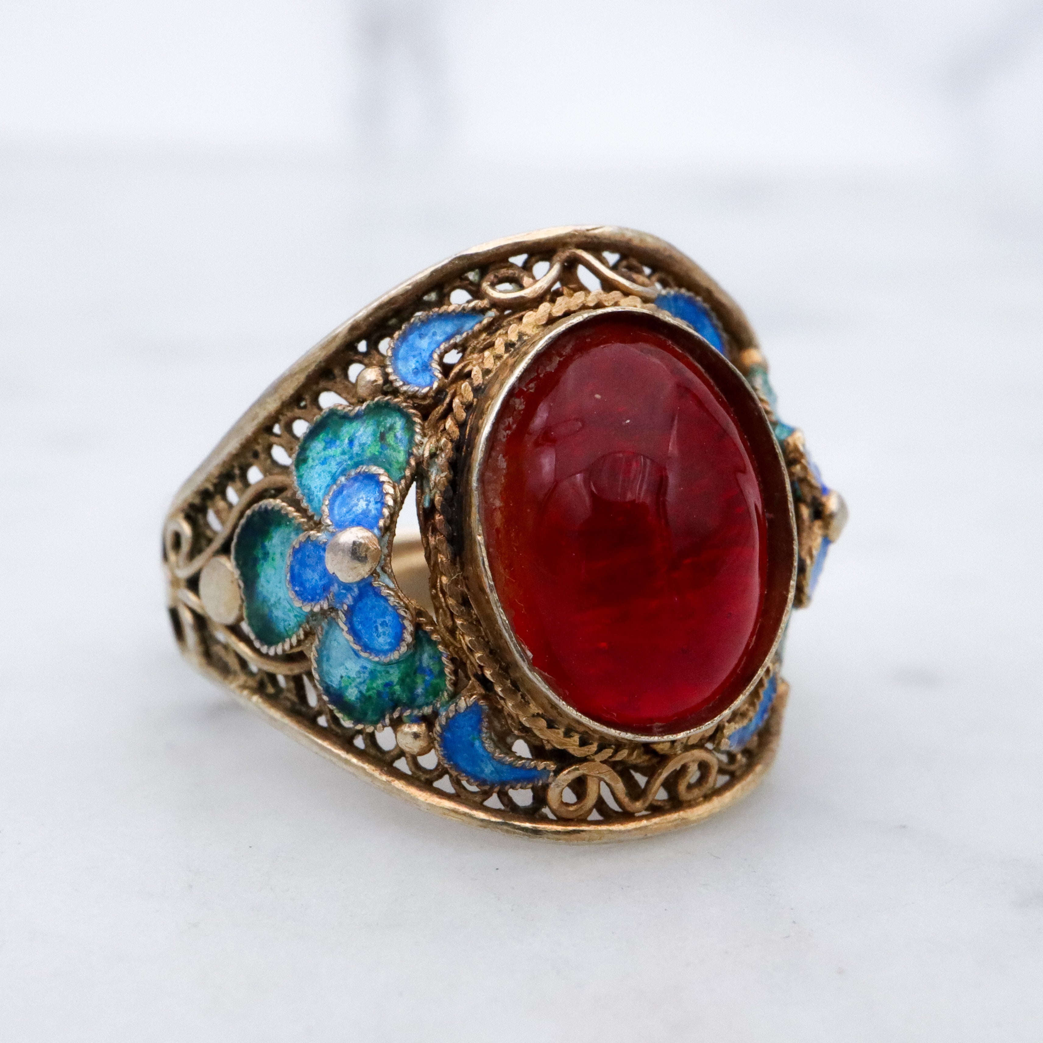Retro Chinese Export gilt sterling filigree enamel flower ring, size 8 adj