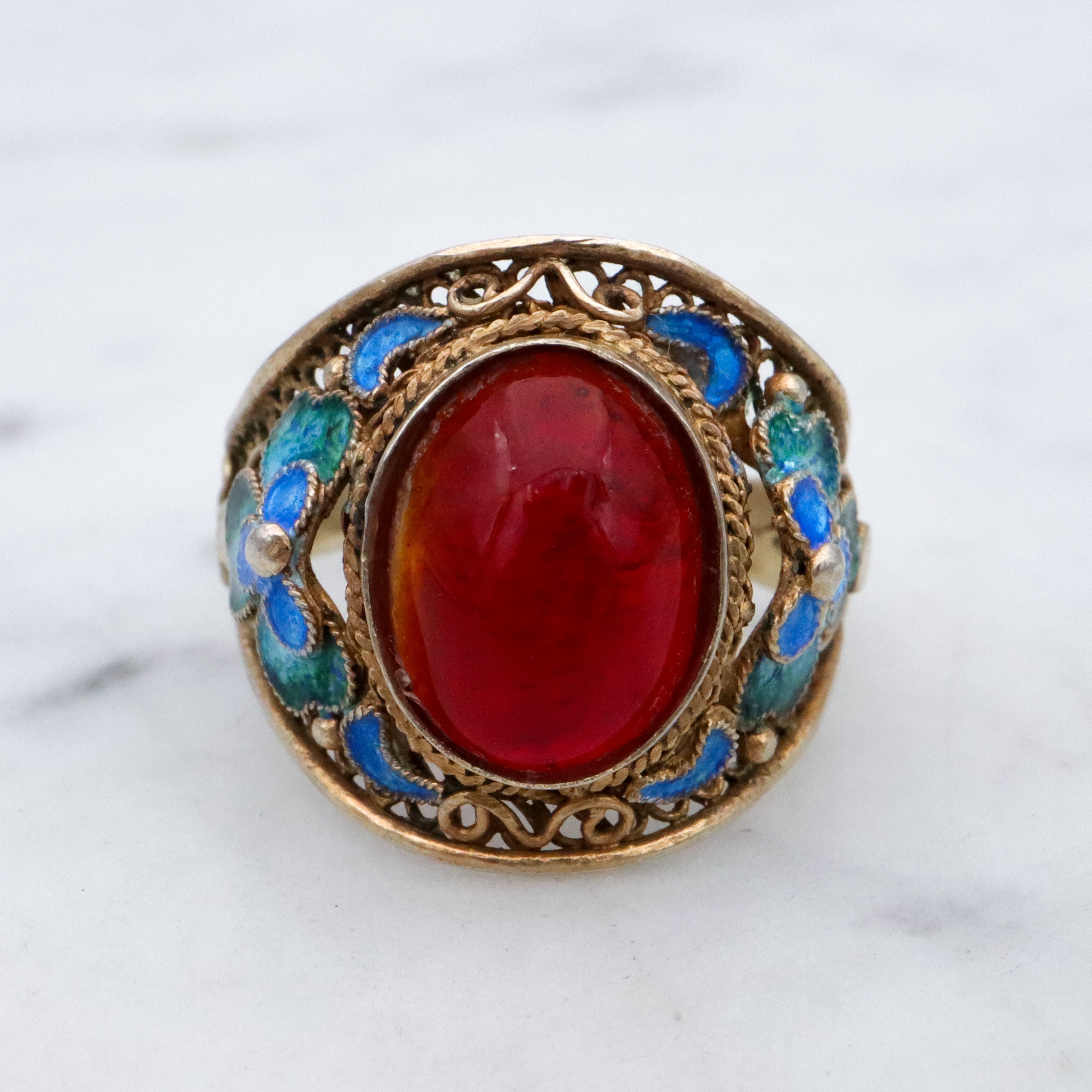 Retro Chinese Export gilt sterling filigree enamel flower ring, size 8 adj