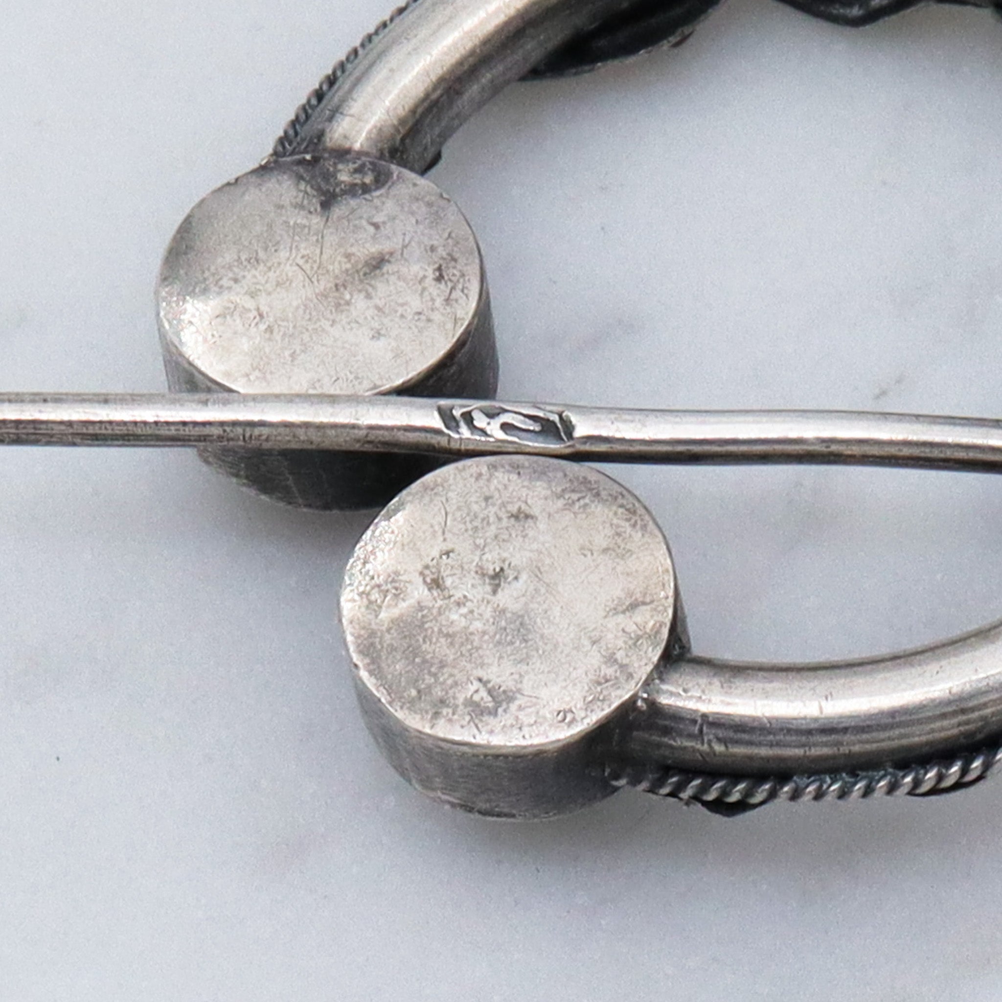 Antique Middle Eastern silver fibula pin w/turquoise, pearl & faux ruby