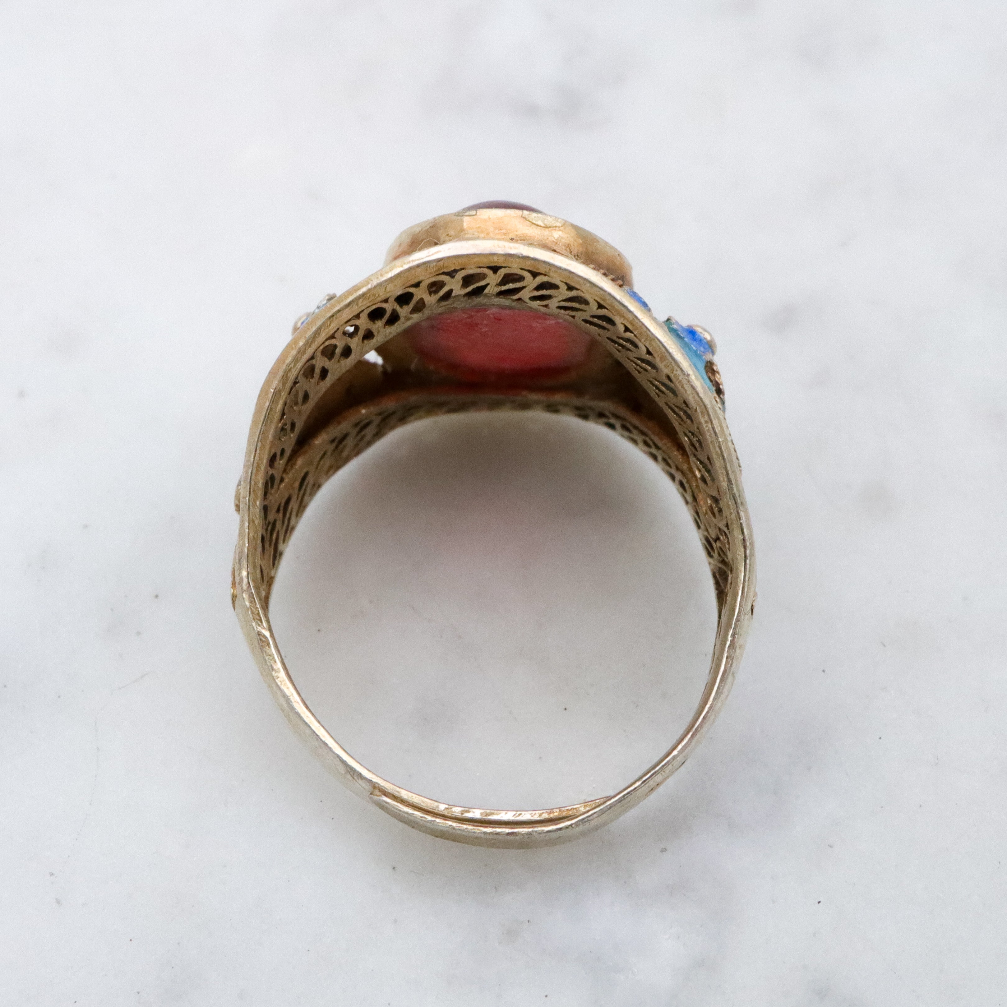 Retro Chinese Export gilt sterling filigree enamel flower ring, size 8 adj