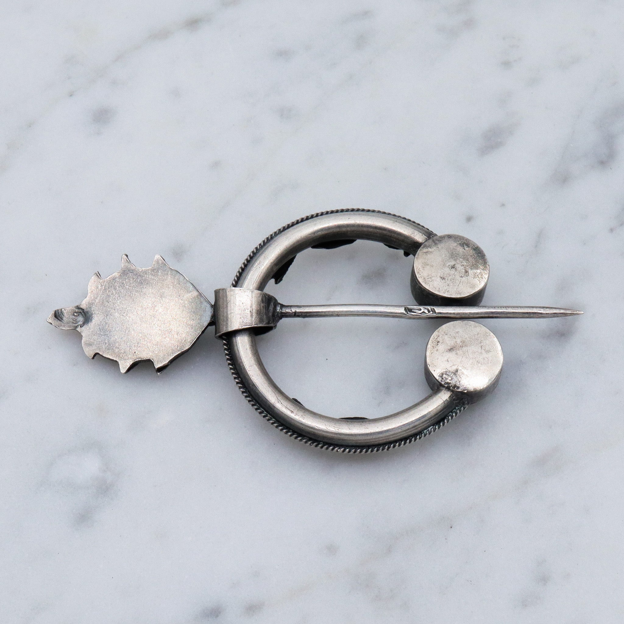 Antique Middle Eastern silver fibula pin w/turquoise, pearl & faux ruby