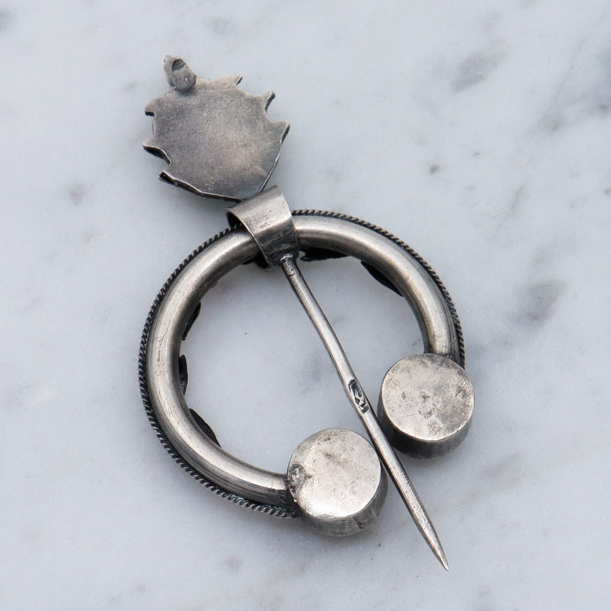 Antique Middle Eastern silver fibula pin w/turquoise, pearl & faux ruby