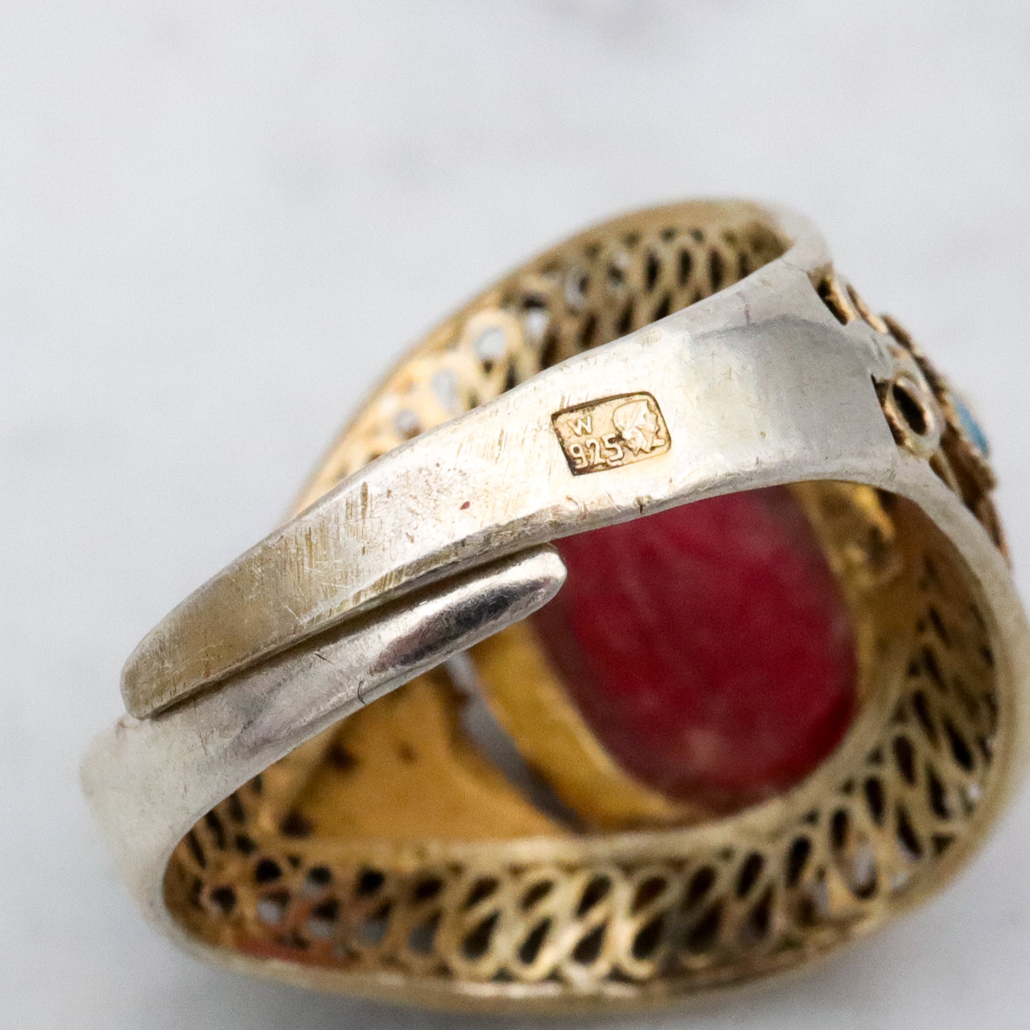 Retro Chinese Export gilt sterling filigree enamel flower ring, size 8 adj