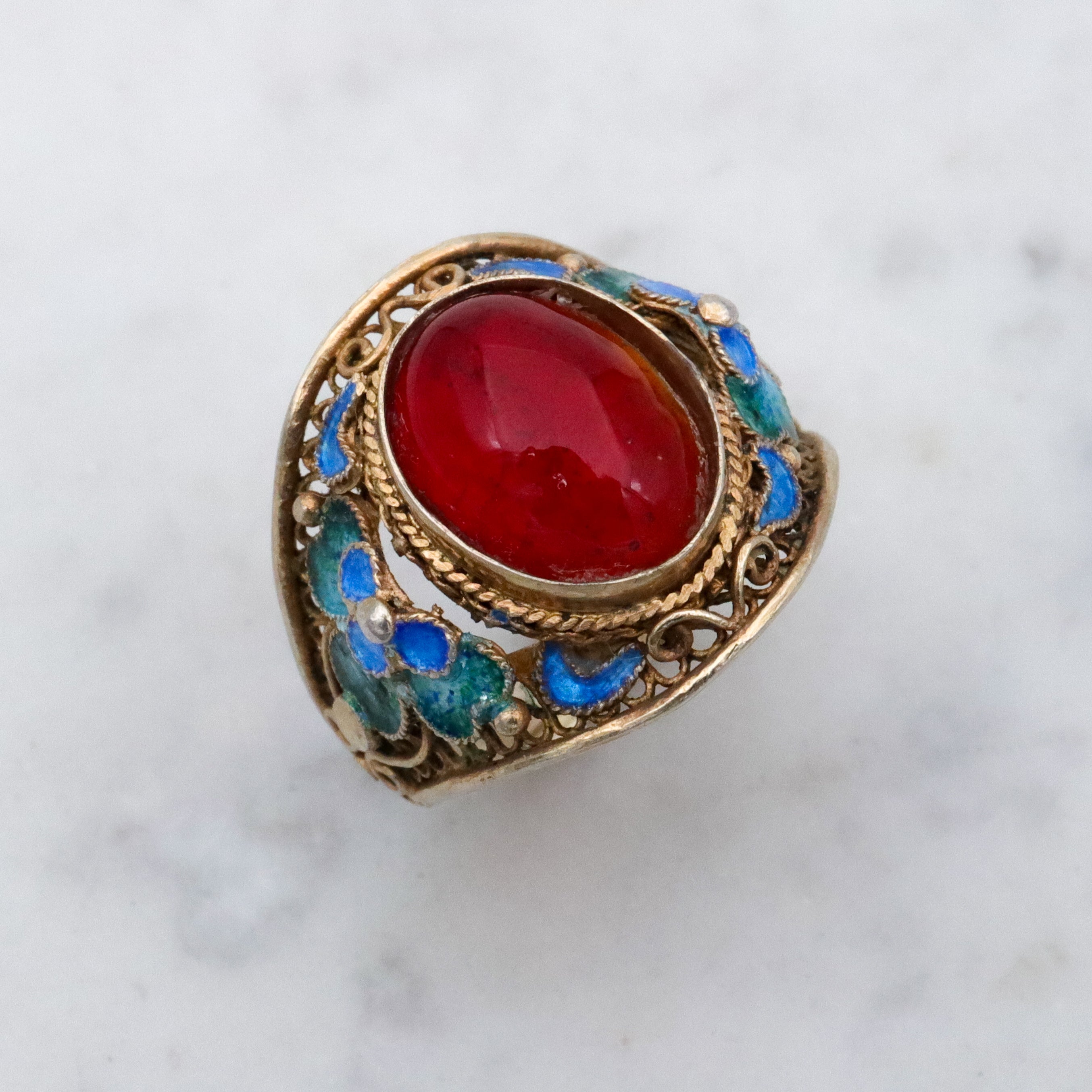 Retro Chinese Export gilt sterling filigree enamel flower ring, size 8 adj
