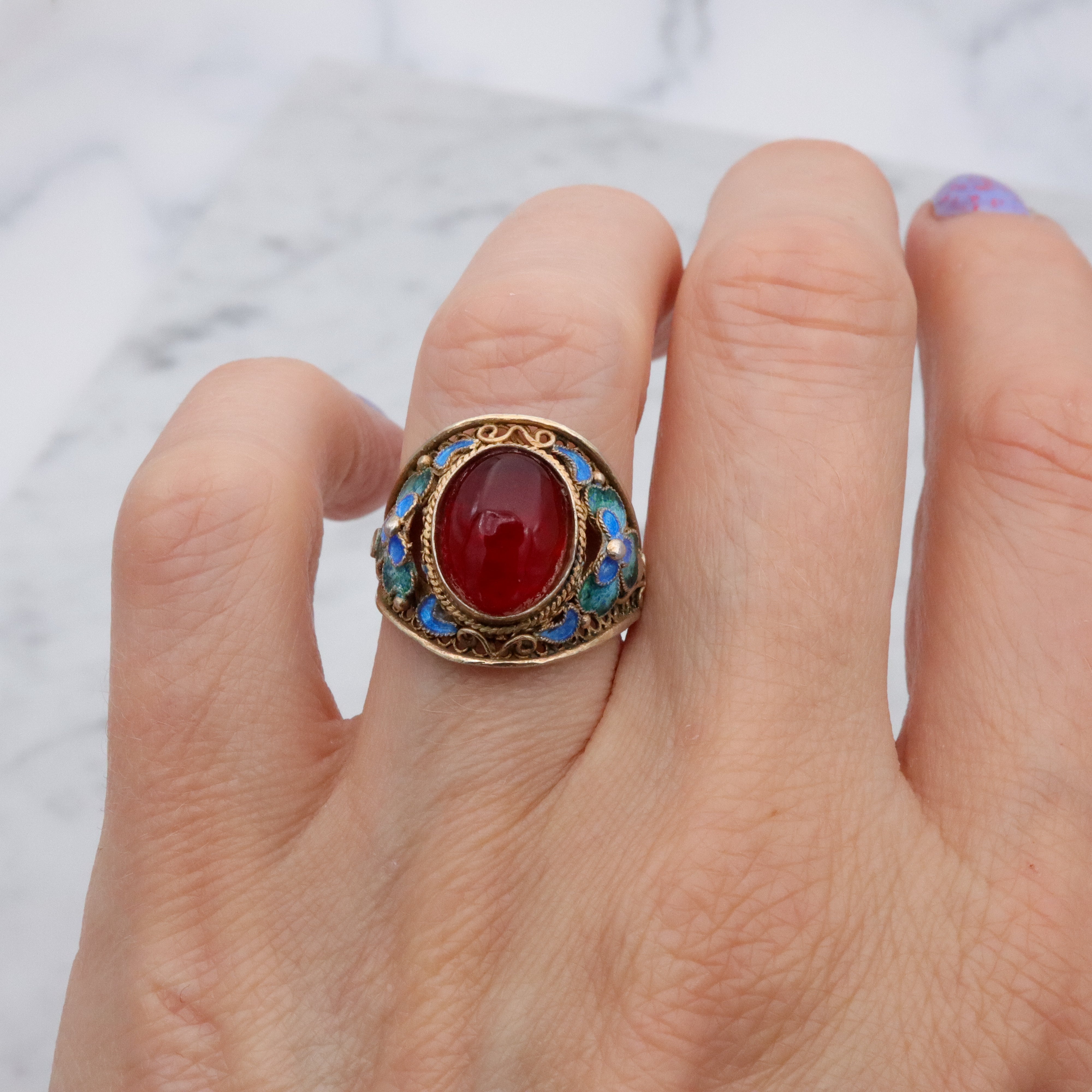 Retro Chinese Export gilt sterling filigree enamel flower ring, size 8 adj