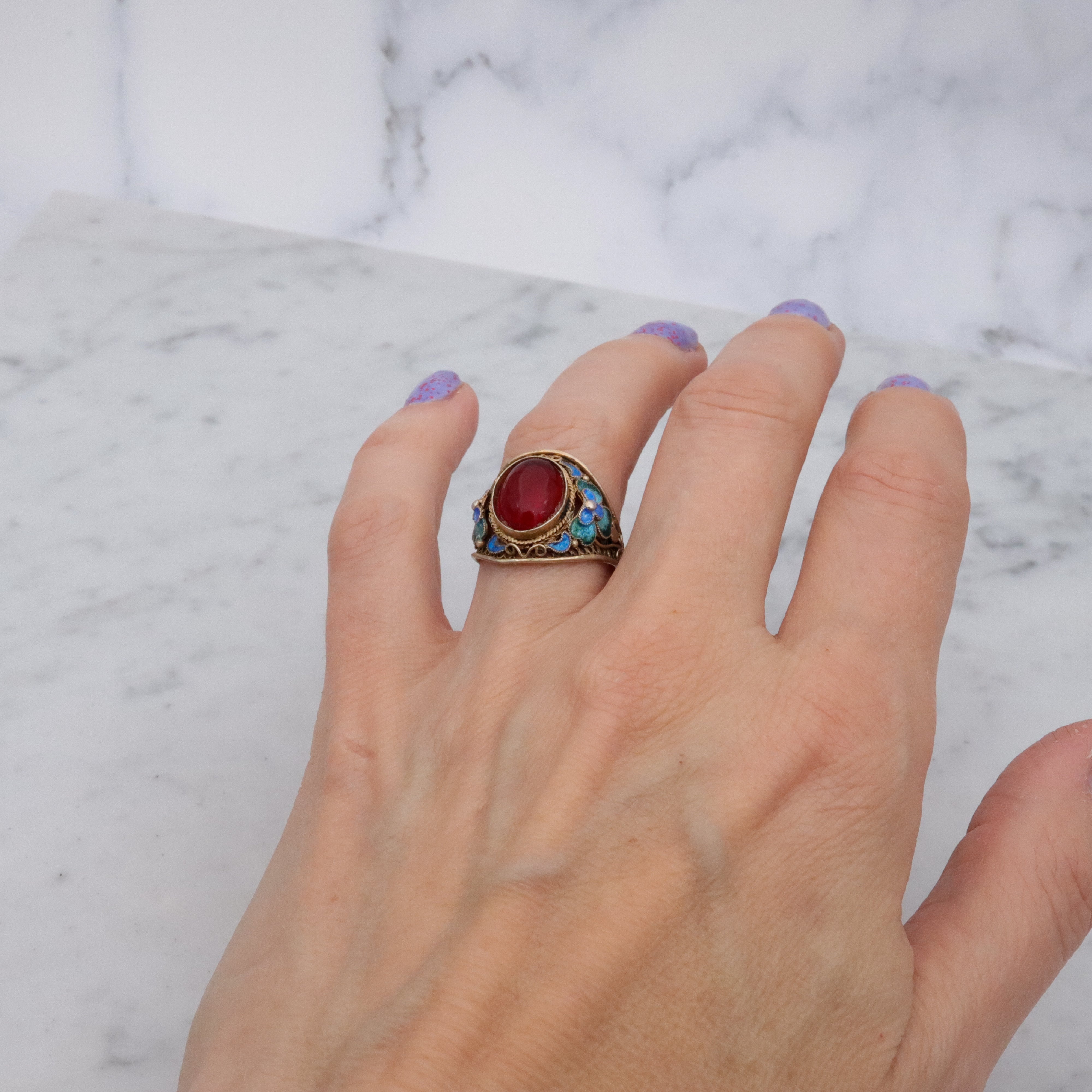 Retro Chinese Export gilt sterling filigree enamel flower ring, size 8 adj
