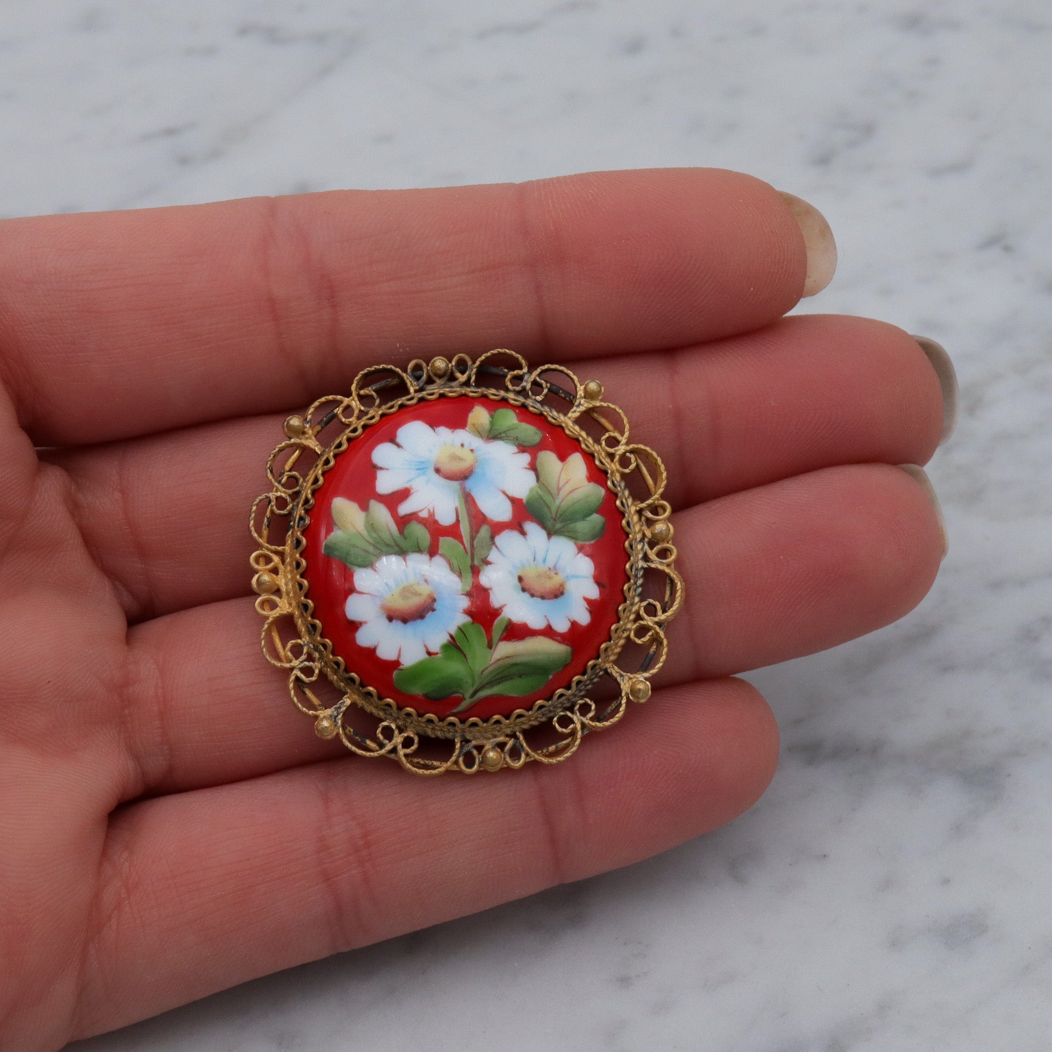 Antique hand painted flower enamel gilt metal brooch